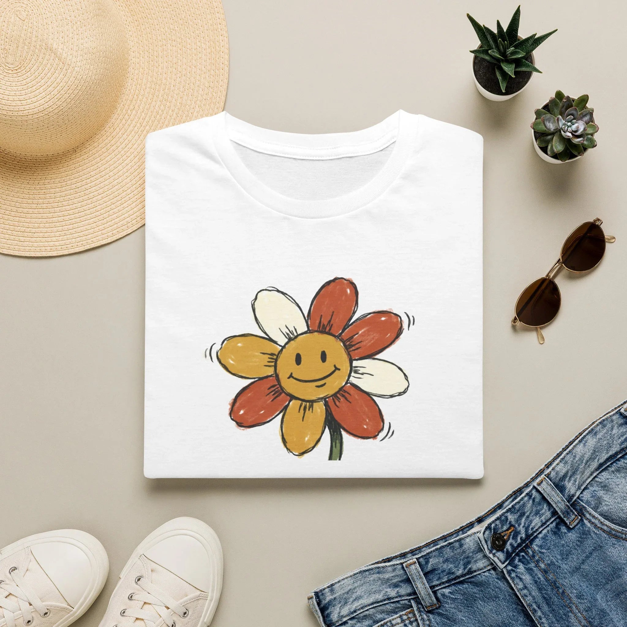 Retro Smiley Face Flower T-Shirt | 70s Vintage Aesthetic Indie Unisex Tee