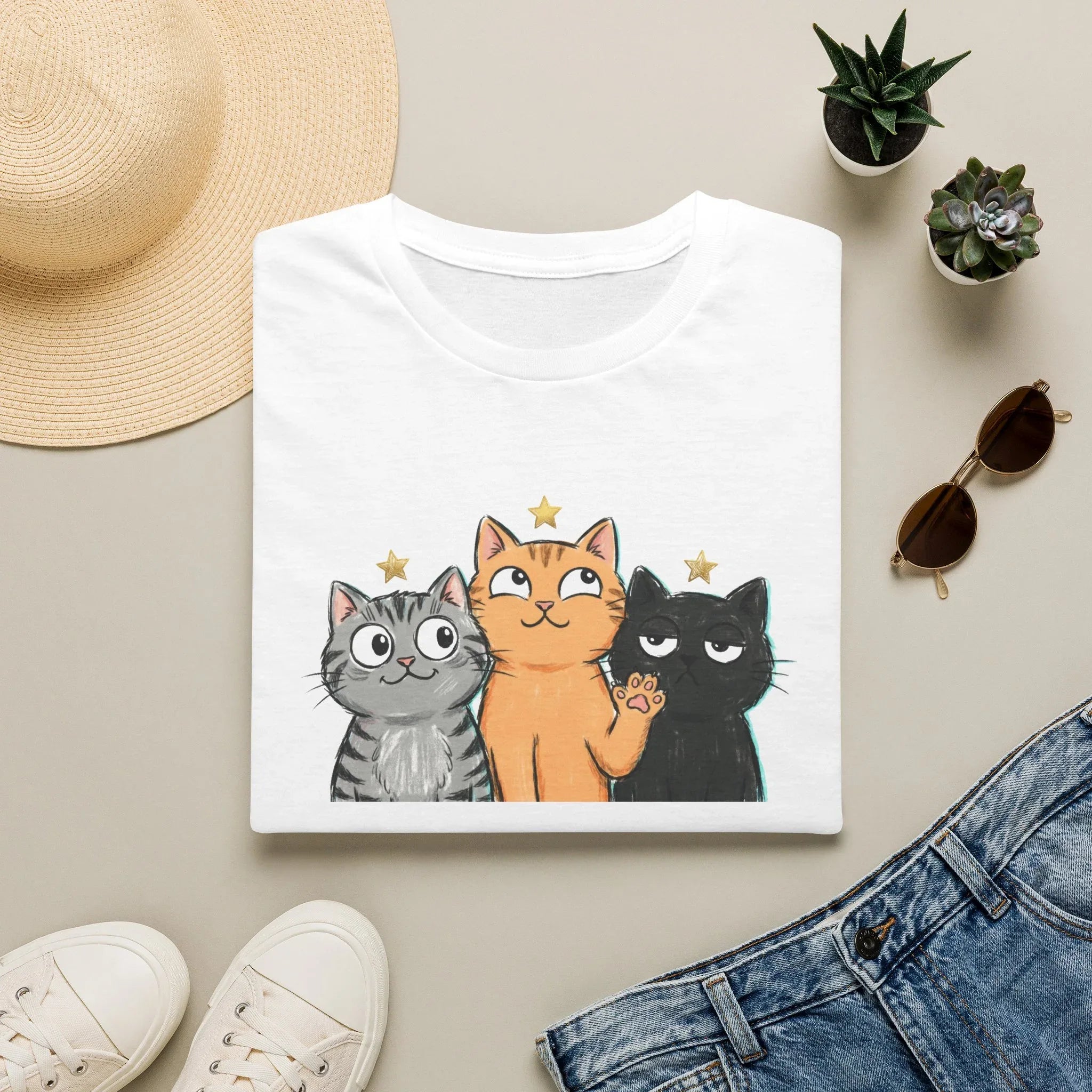 Funny Three Cartoon Cats Unisex T-Shirt - Cute Kitten Trio Graphic Tee