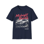 Midnight Racing t-shirt with Japanese street race car graphic, bold red text, and GT Motorsport design