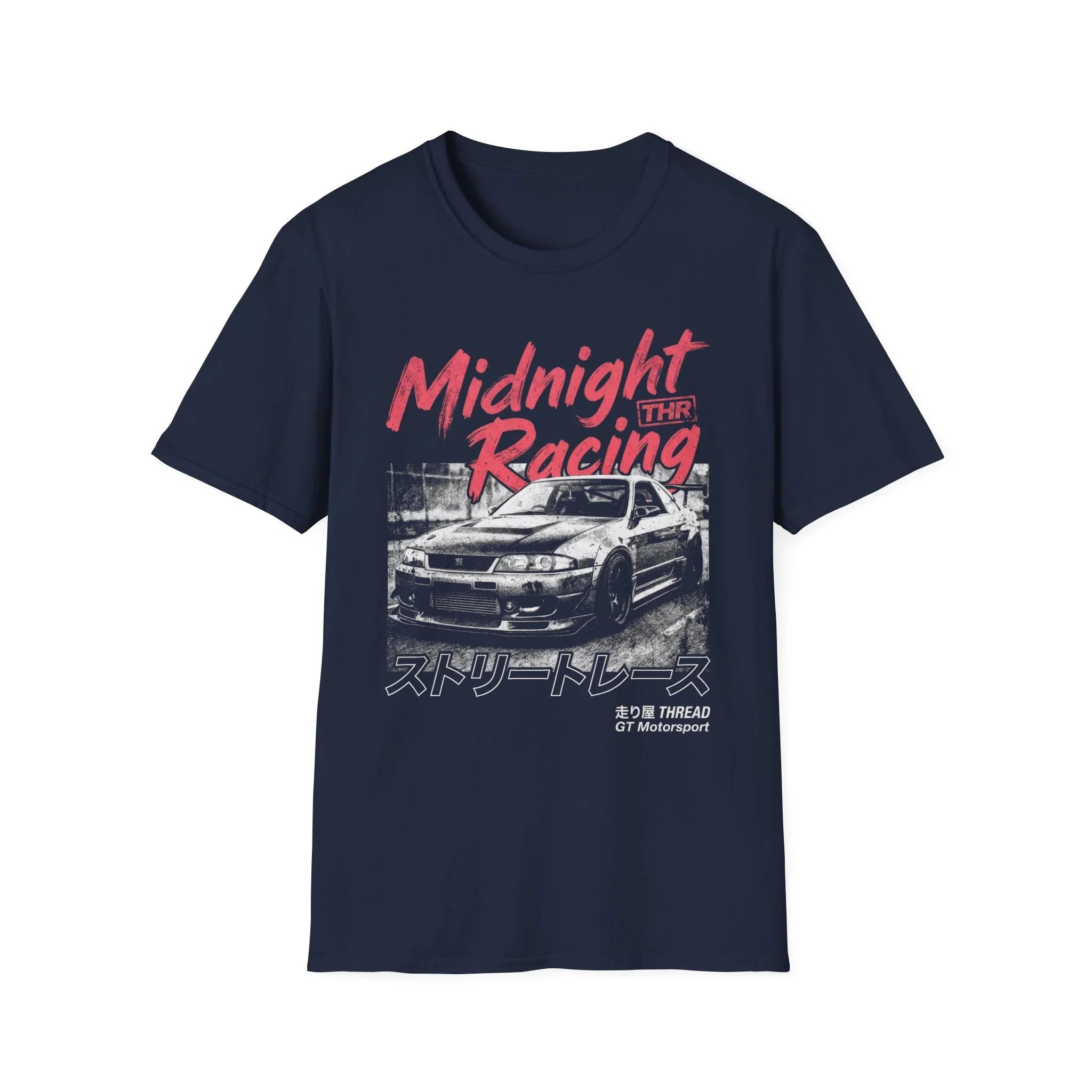 Midnight Racing t-shirt with Japanese street race car graphic, bold red text, and GT Motorsport design