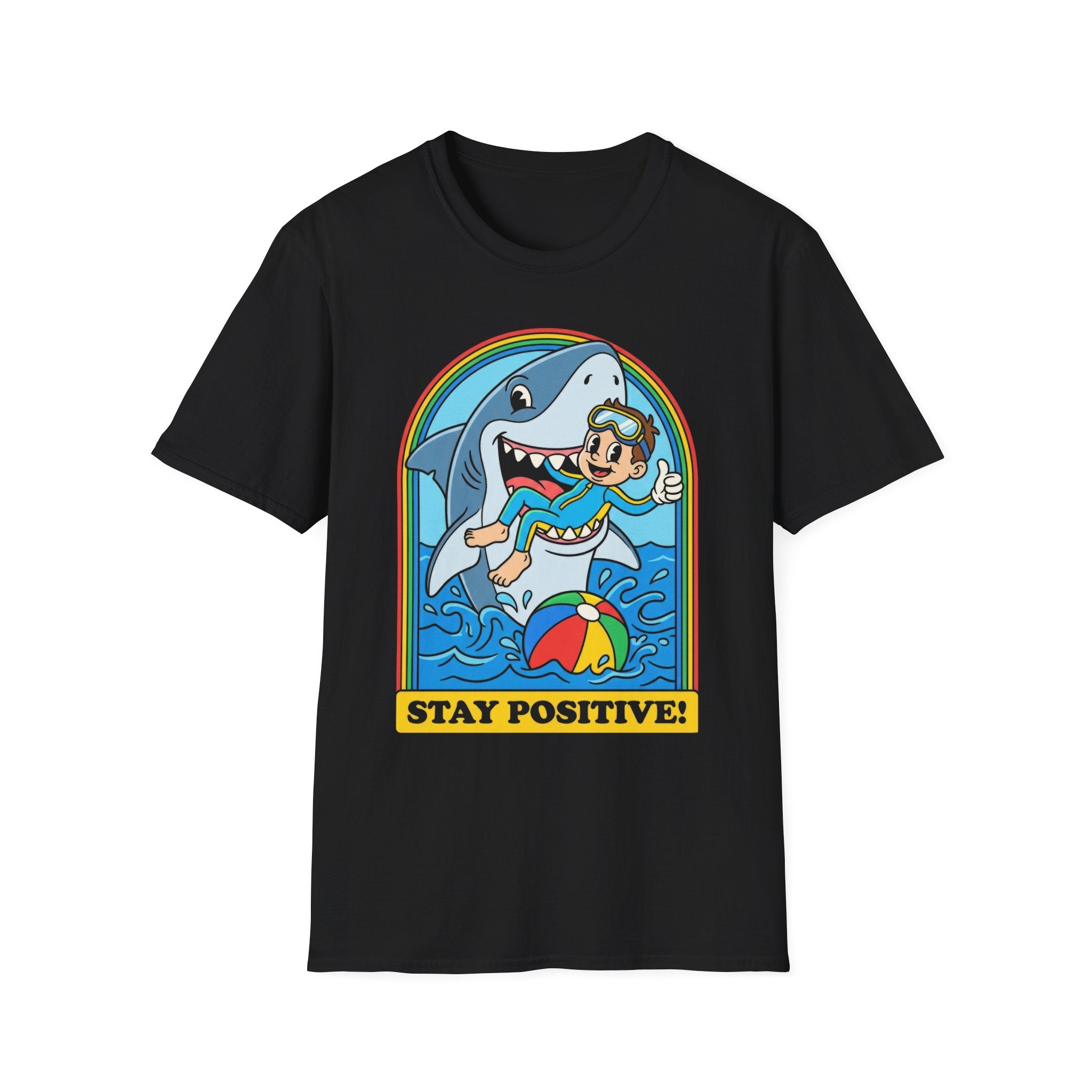 Stay Positive Shark Graphic T-Shirt - Retro Cartoon Ocean Fun Tee