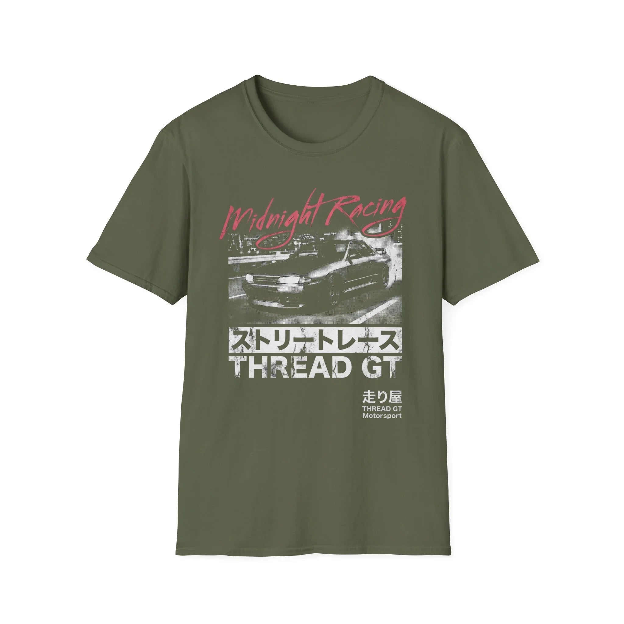Olive green t-shirt with 'Midnight Racing' graphic, street race car, and 'THREAD GT' text design