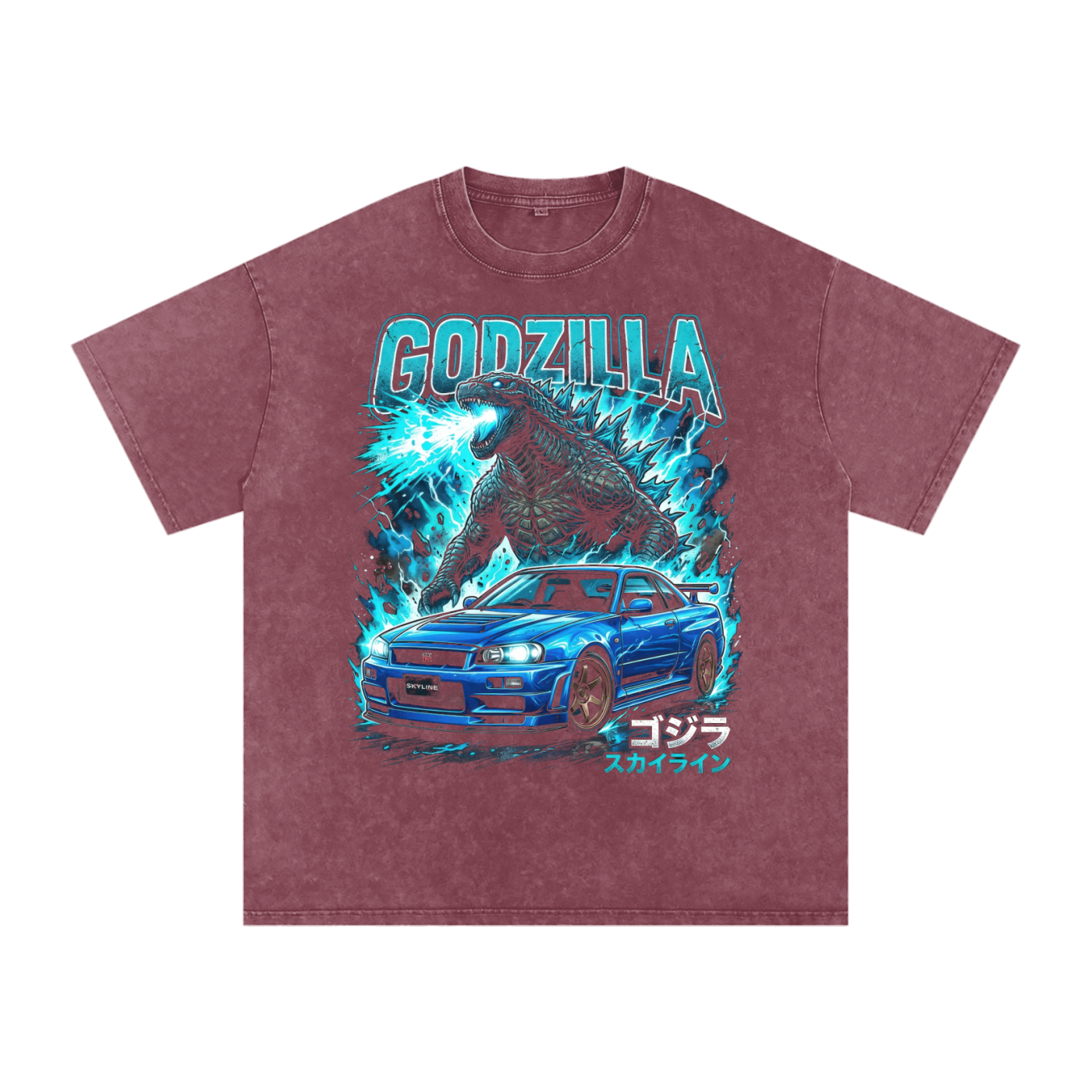 Godzilla x Nissan Skyline GT-R R34 Graphic Unisex Washed Oversized T-Shirt – Streetwear JDM Tee