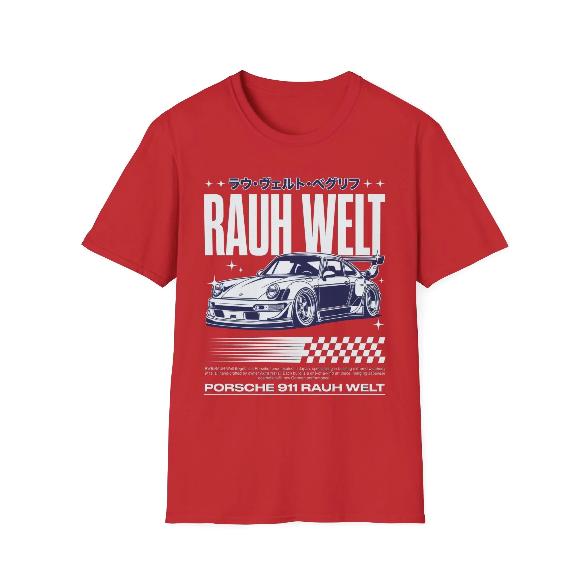 Red t-shirt featuring RAUH WELT Porsche 911 graphic with Japanese text and checkered flag design