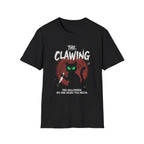 Black Halloween T-shirt with 'The Clawing' cat design, green eyes, and knife, perfect for spooky season.