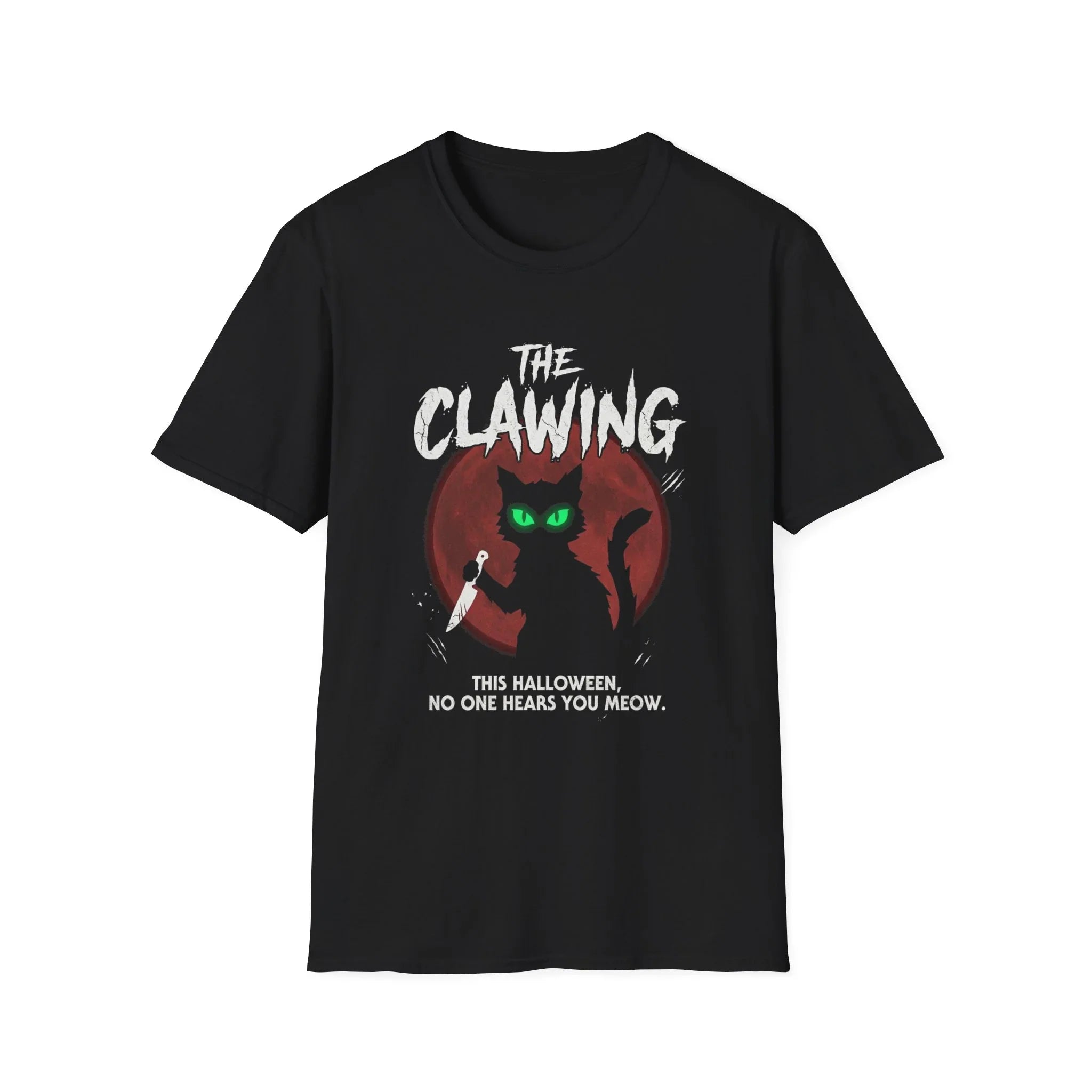 Black Halloween T-shirt with 'The Clawing' cat design, green eyes, and knife, perfect for spooky season.