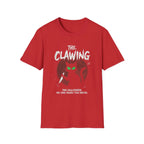 Red Halloween T-shirt with 'The Clawing' cat design and green eyes, perfect for spooky season.