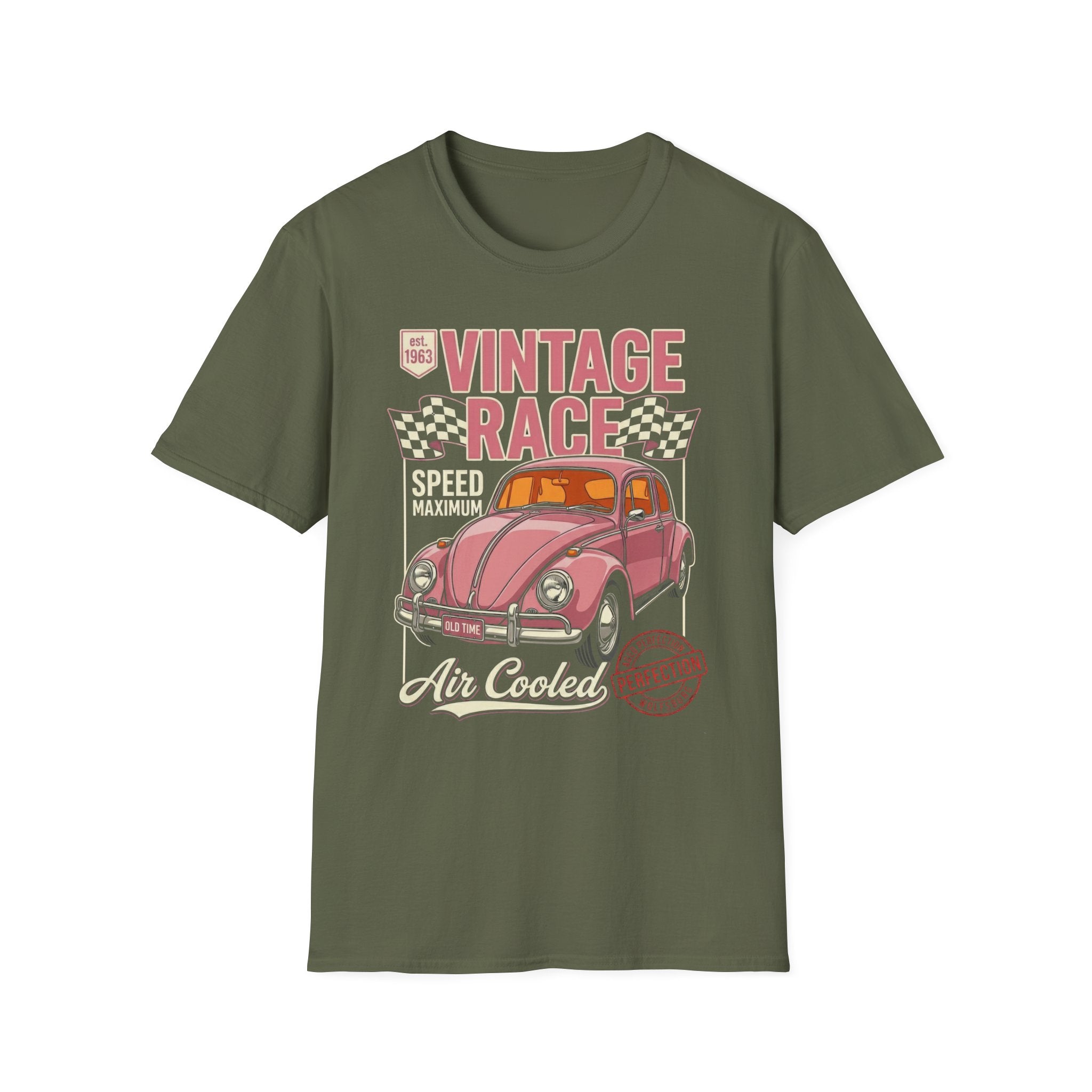 Vintage Air Cooled Beetle Racing T-Shirt - Retro Pink Bug Graphic Tee