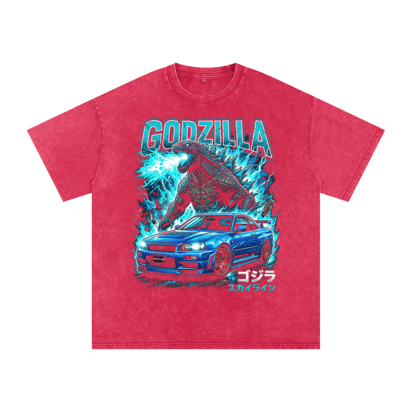 Godzilla x Nissan Skyline GT-R R34 Graphic Unisex Washed Oversized T-Shirt – Streetwear JDM Tee