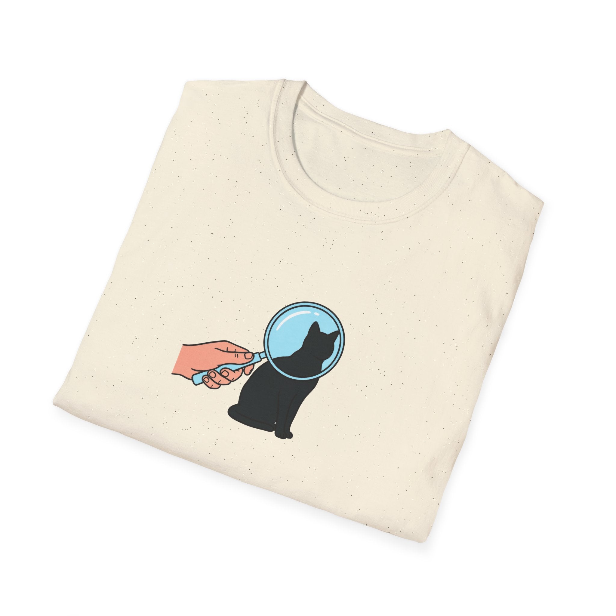 Minimalist Black Cat Magnifying Glass T-Shirt - Cute Pet Detective White Tee