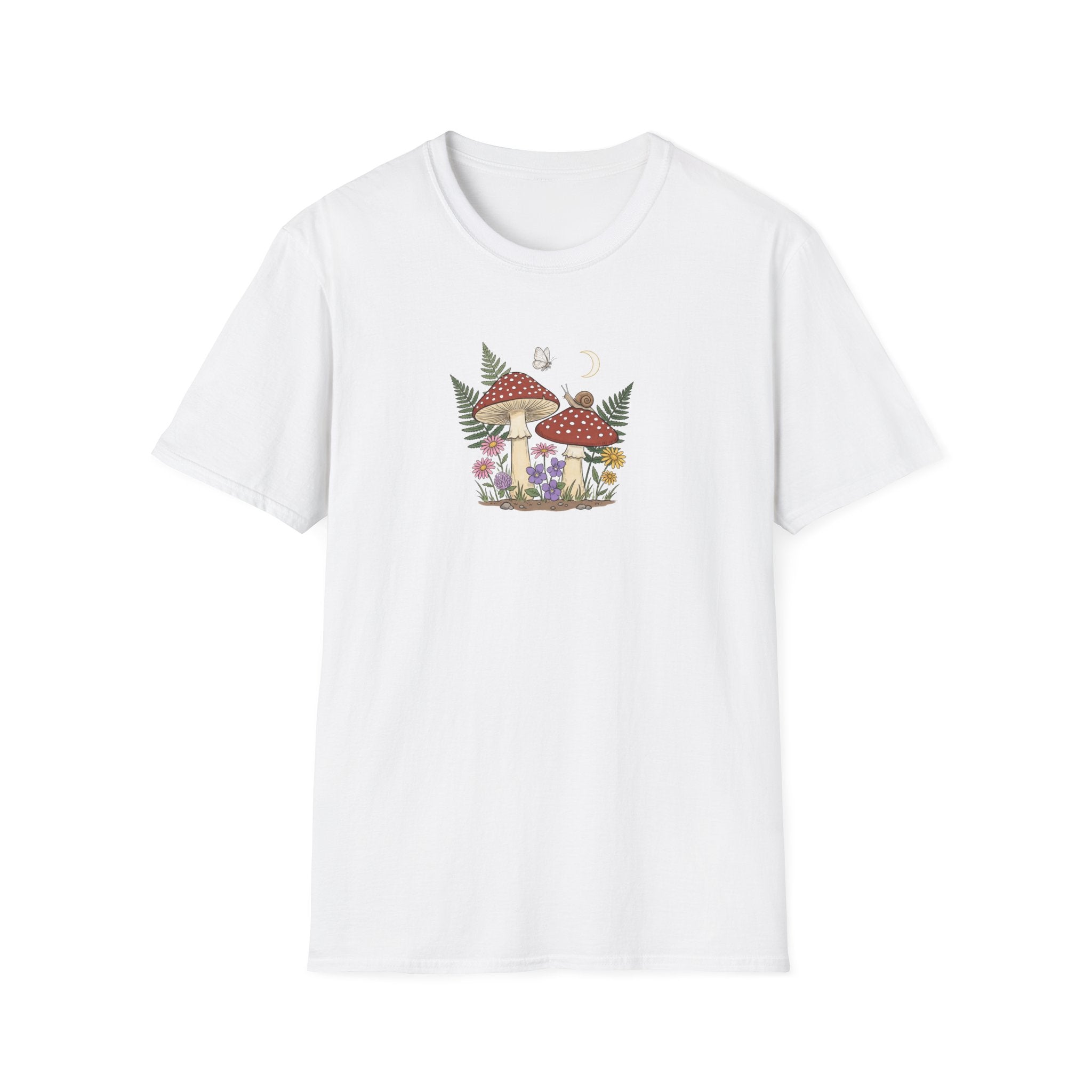 Vintage Mushroom and Forest Wildflower Unisex T-Shirt - Cottagecore Botanical Graphic Tee