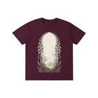 Maroon t-shirt with a nature-themed graphic on a white background
