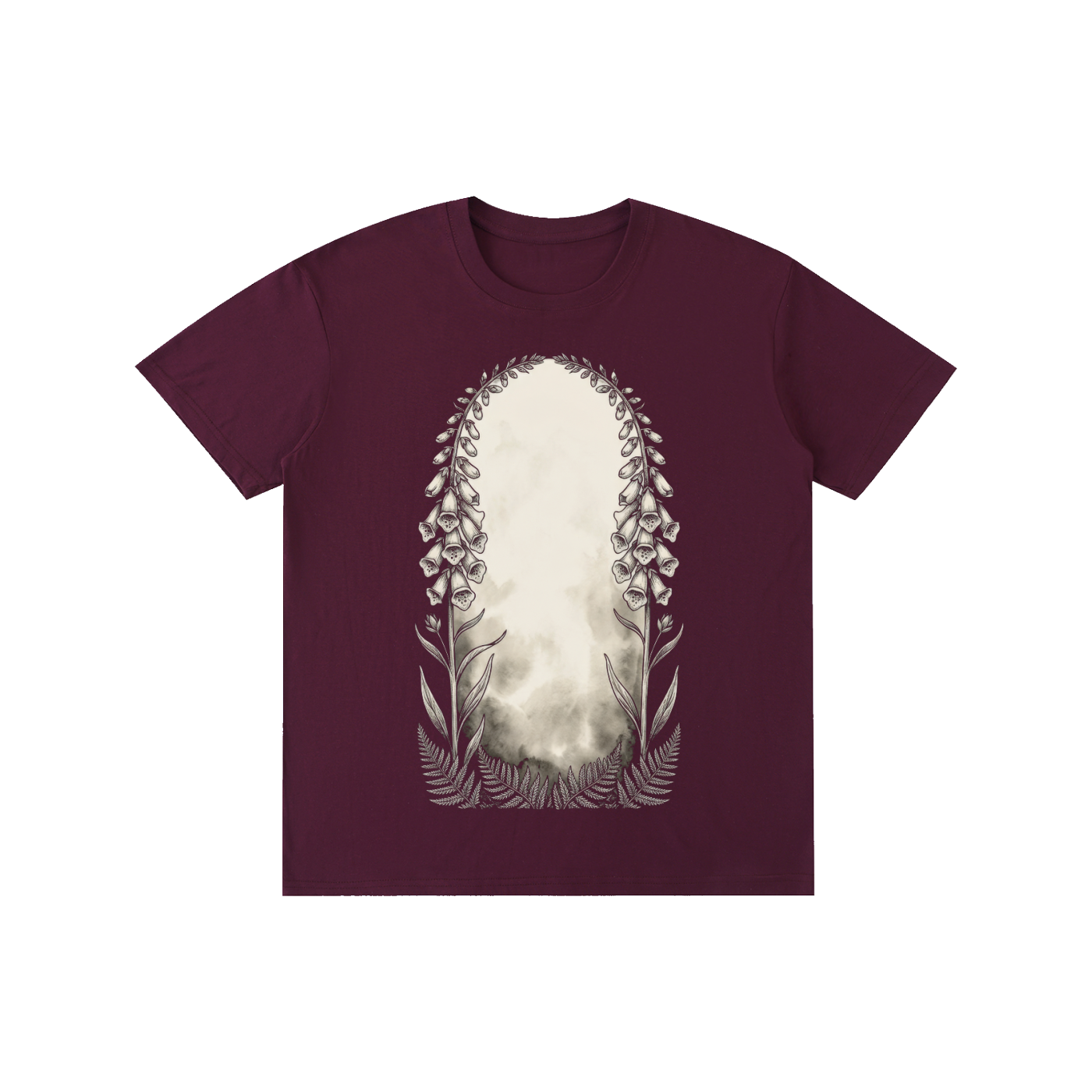 Maroon t-shirt with a nature-themed graphic on a white background