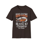 Vintage road racing t-shirt with classic muscle car graphic and 'Legendary Old School' text