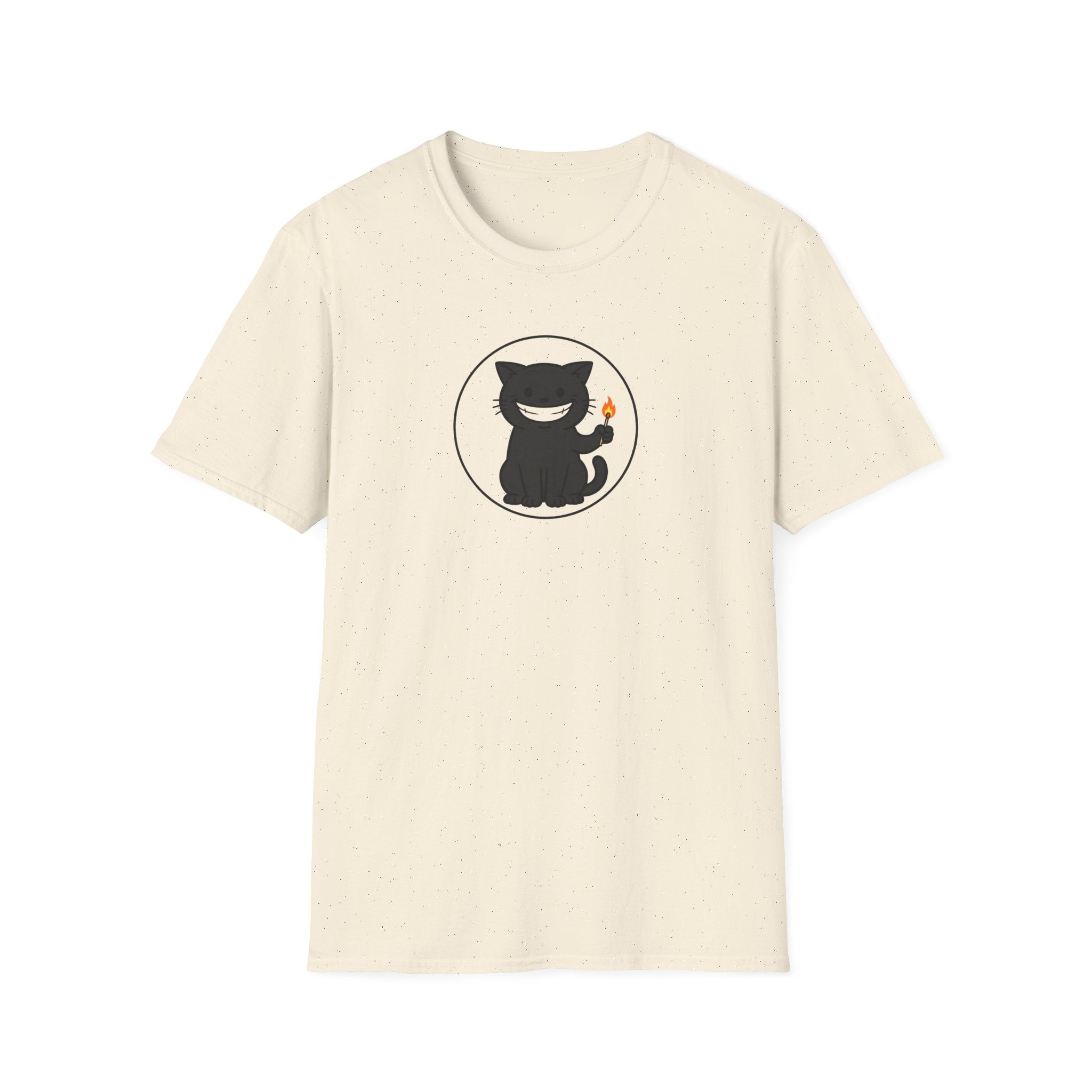 Mischievous Black Cat Holding Match T-Shirt - Funny Arson Cat White Tee