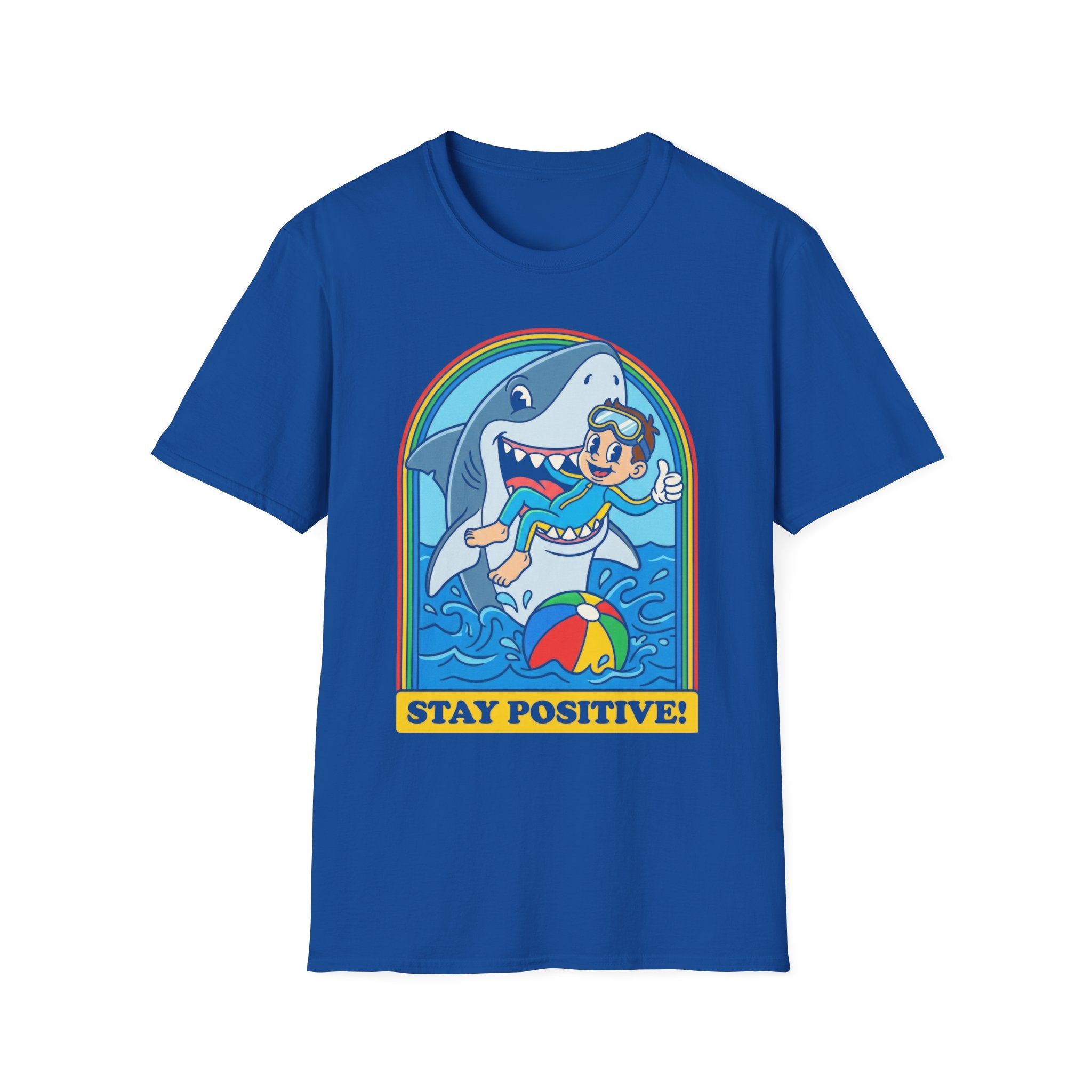 Stay Positive Shark Graphic T-Shirt - Retro Cartoon Ocean Fun Tee