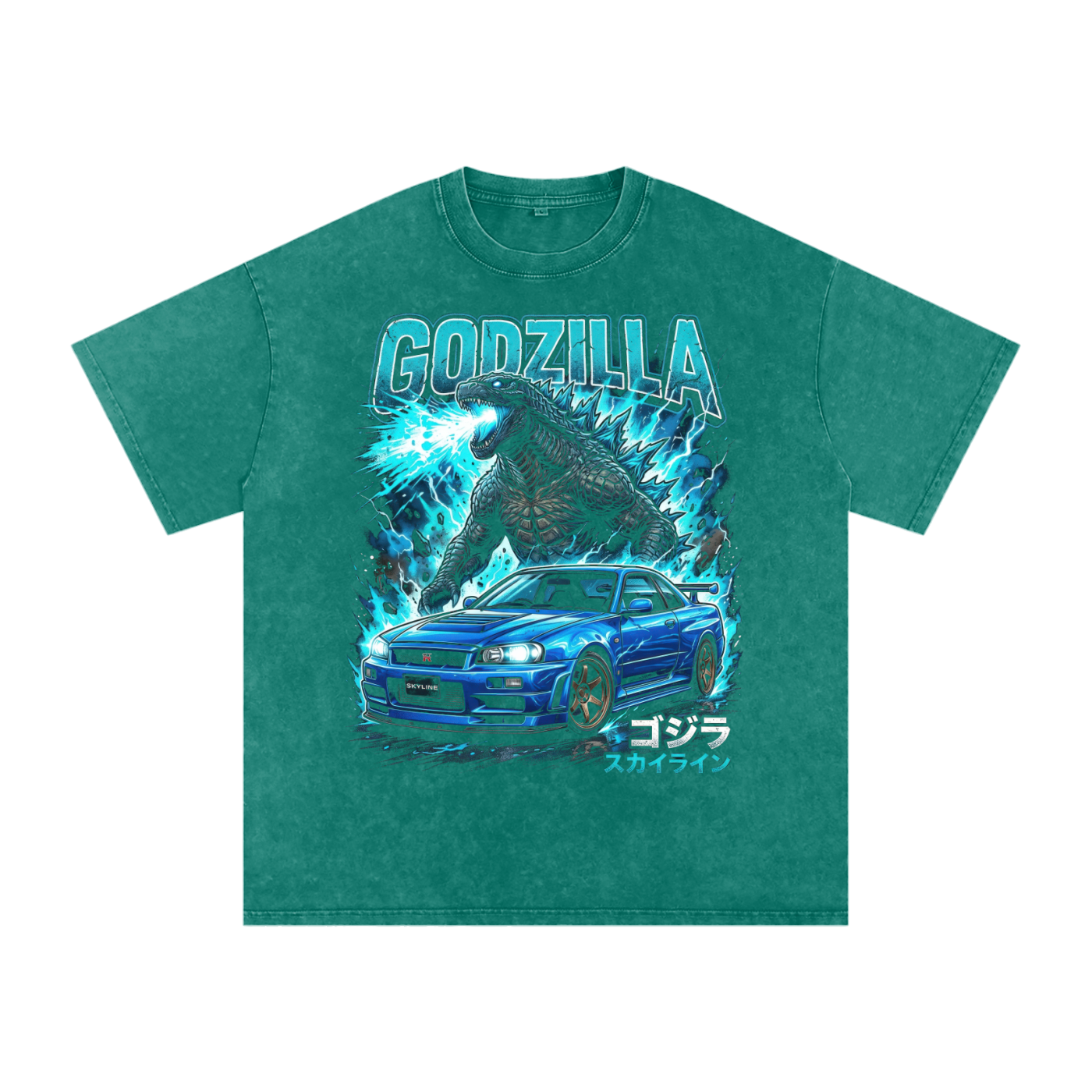 Godzilla x Nissan Skyline GT-R R34 Graphic Unisex Washed Oversized T-Shirt – Streetwear JDM Tee