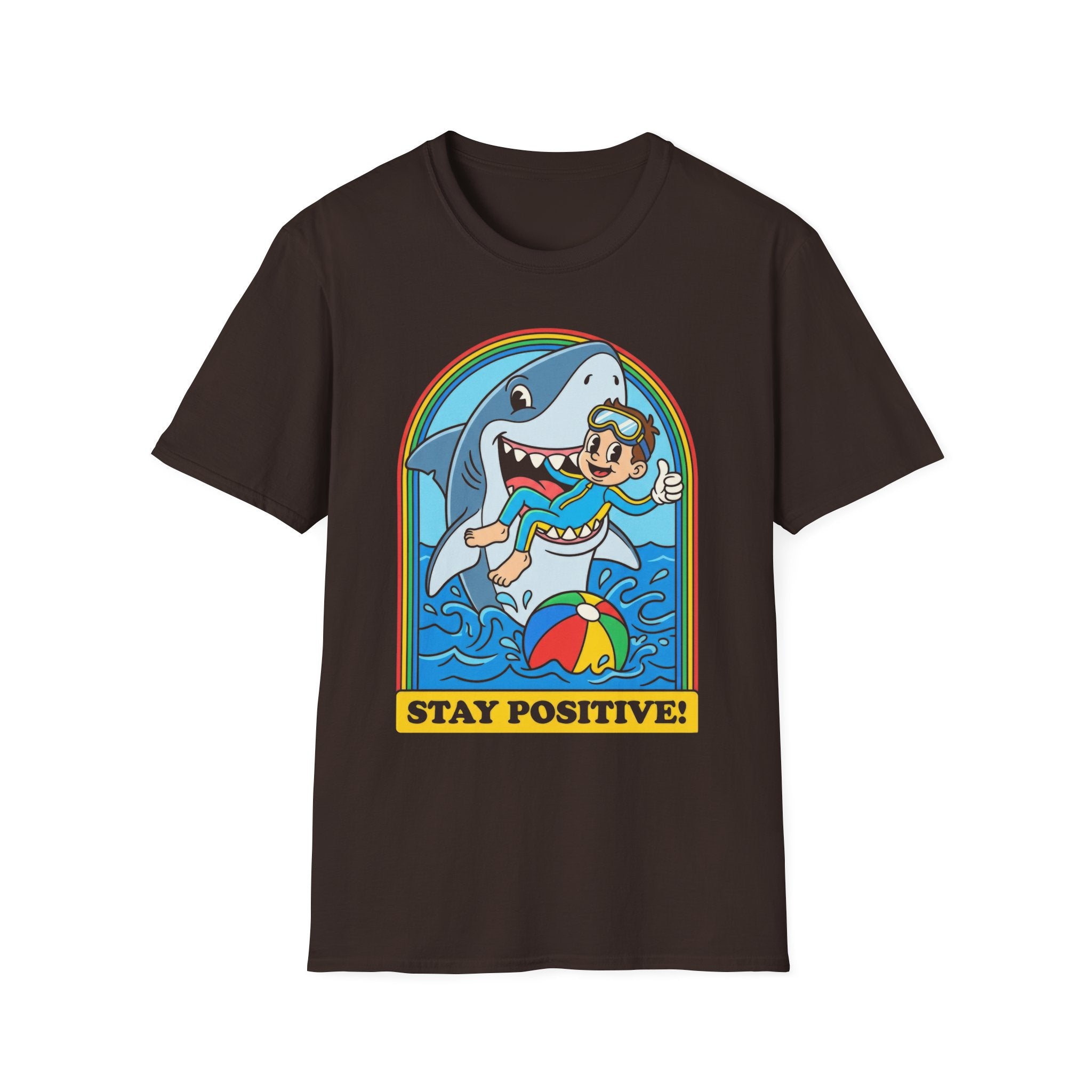 Stay Positive Shark Graphic T-Shirt - Retro Cartoon Ocean Fun Tee