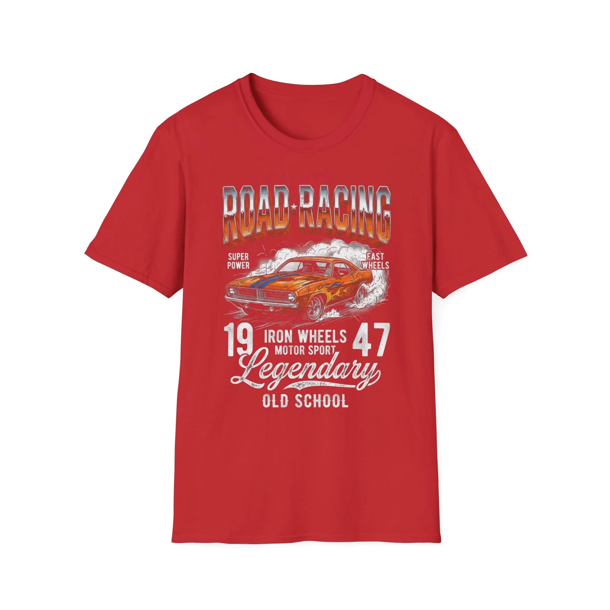 Red t-shirt with vintage road racing car graphic, 'Road Racing' text, and 'Legendary Old School' design