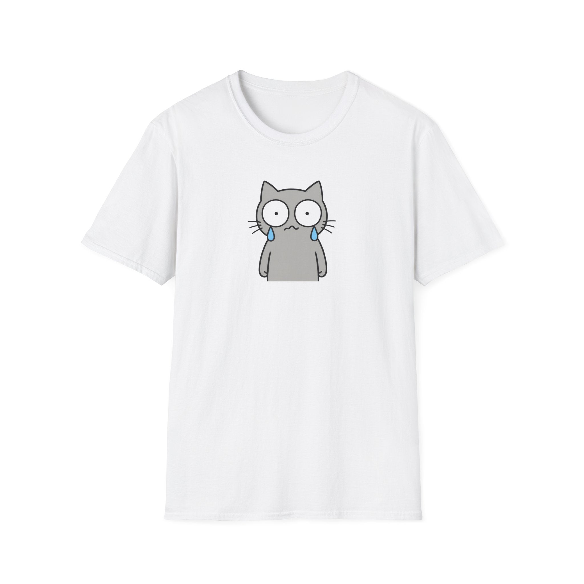 Funny Crying Gray Cat Graphic T-Shirt - Cute Sad Kitten White Tee