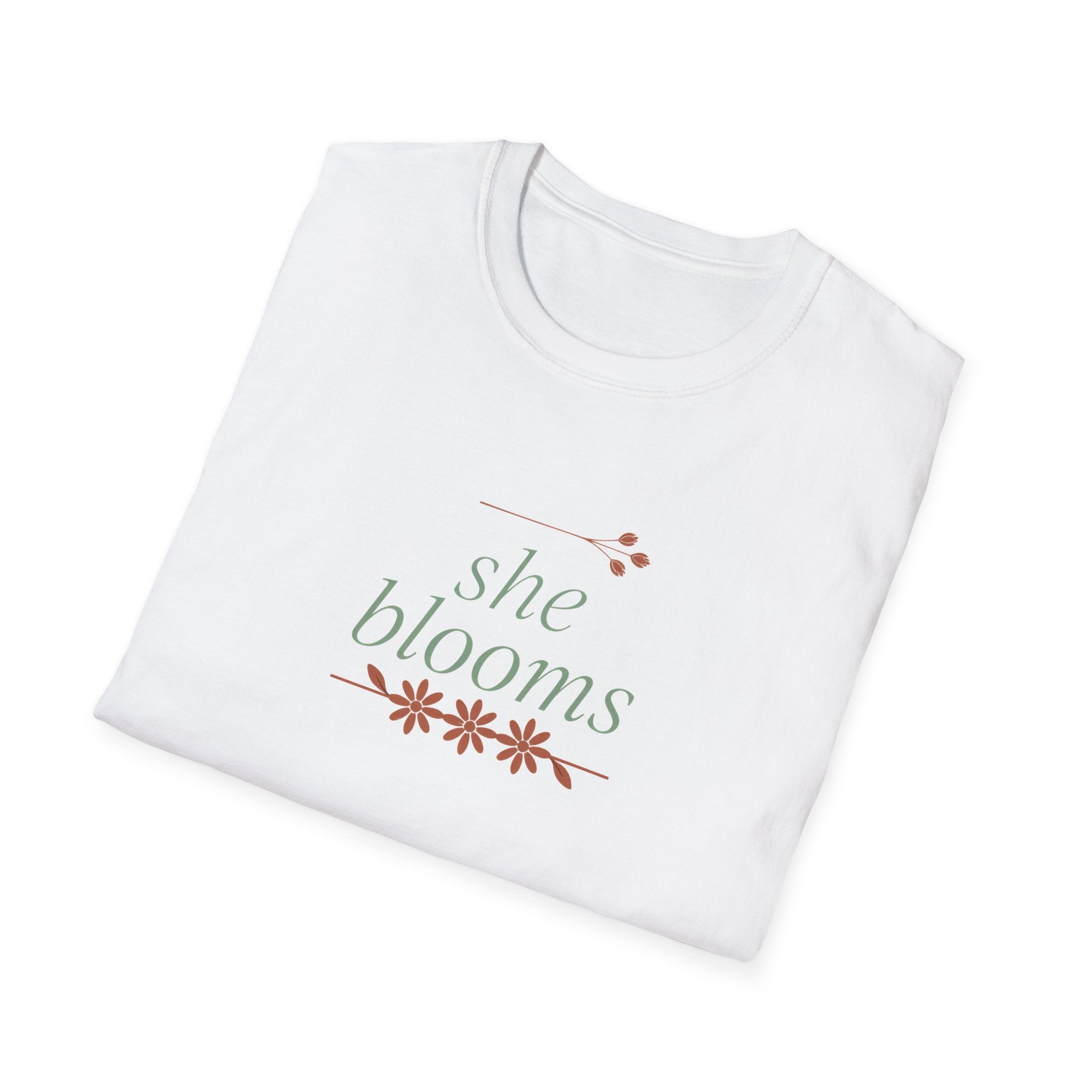 "She Blooms" Unisex T-Shirt – Inspirational Floral Botanical Tee