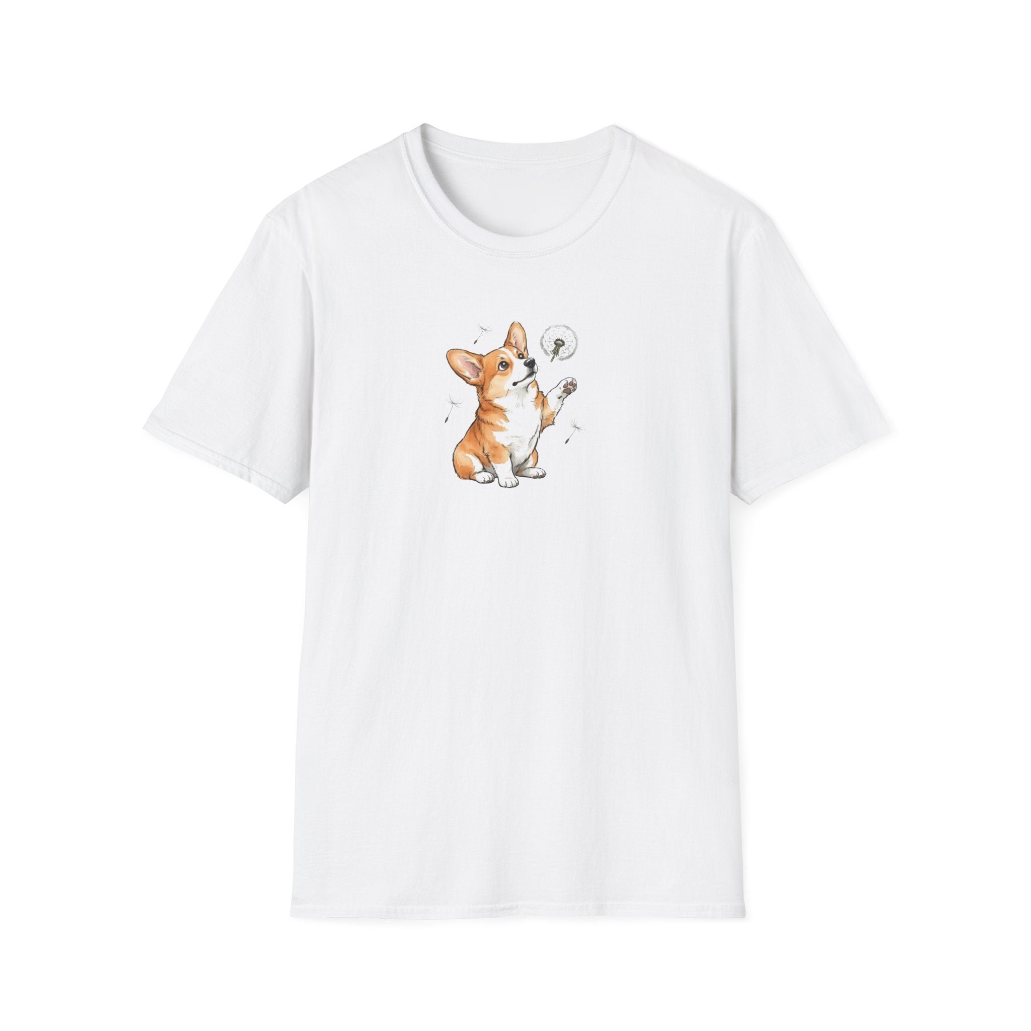 Adorable Corgi with Dandelion Unisex T-Shirt – Cute Dog Lover Graphic Tee