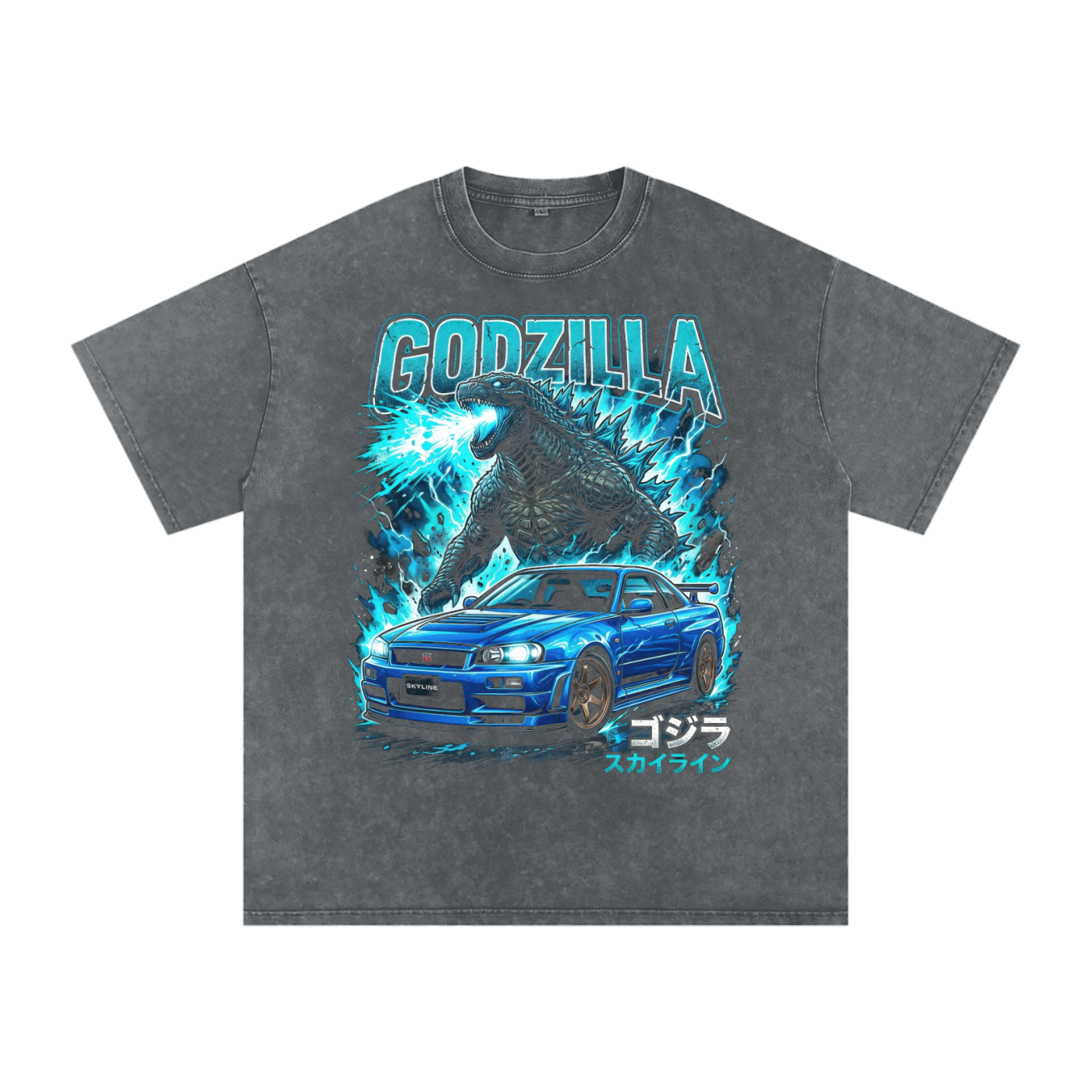 Godzilla x Nissan Skyline GT-R R34 Graphic Unisex Washed Oversized T-Shirt – Streetwear JDM Tee