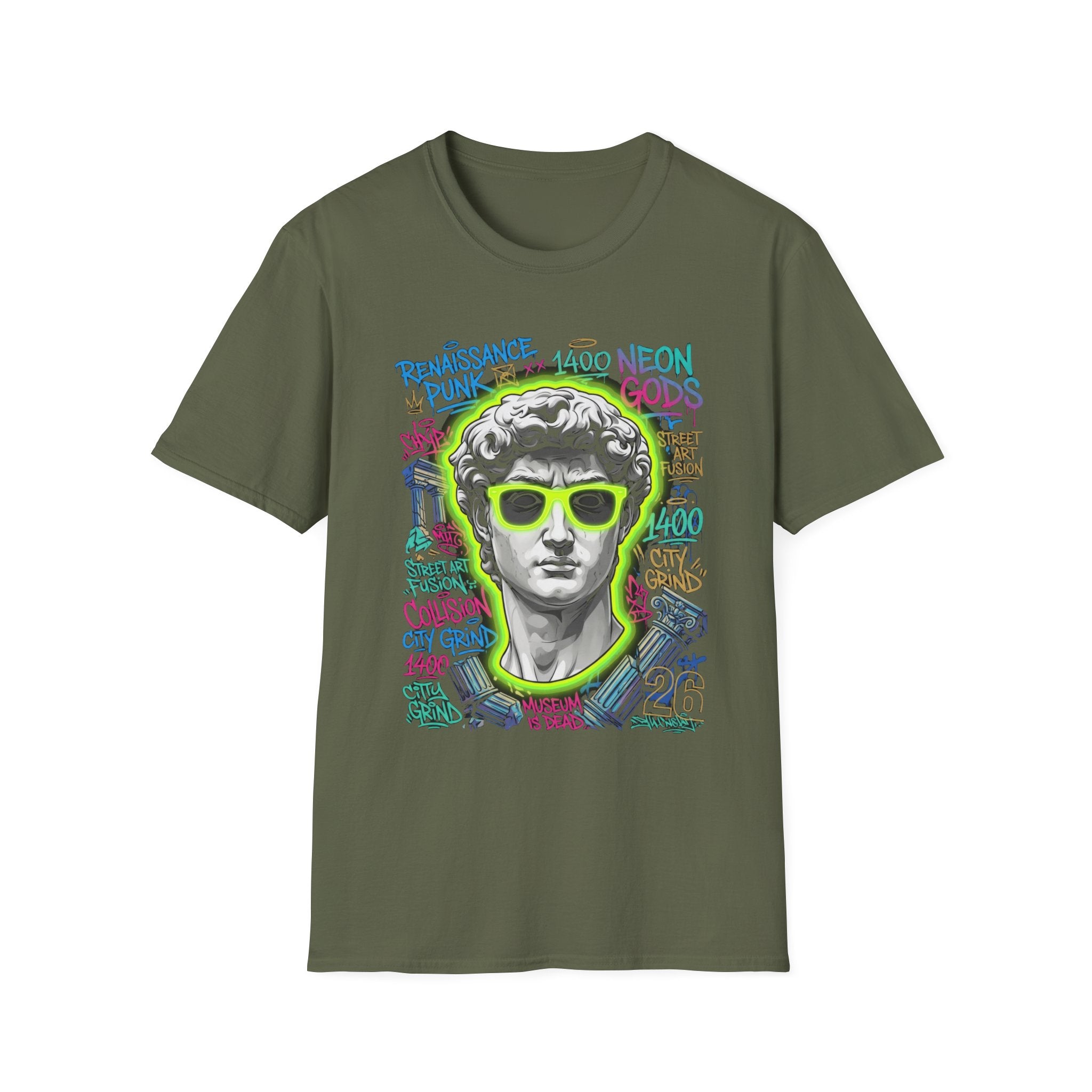 Renaissance Punk Graphic T-Shirt - Neon Street Art David Statue