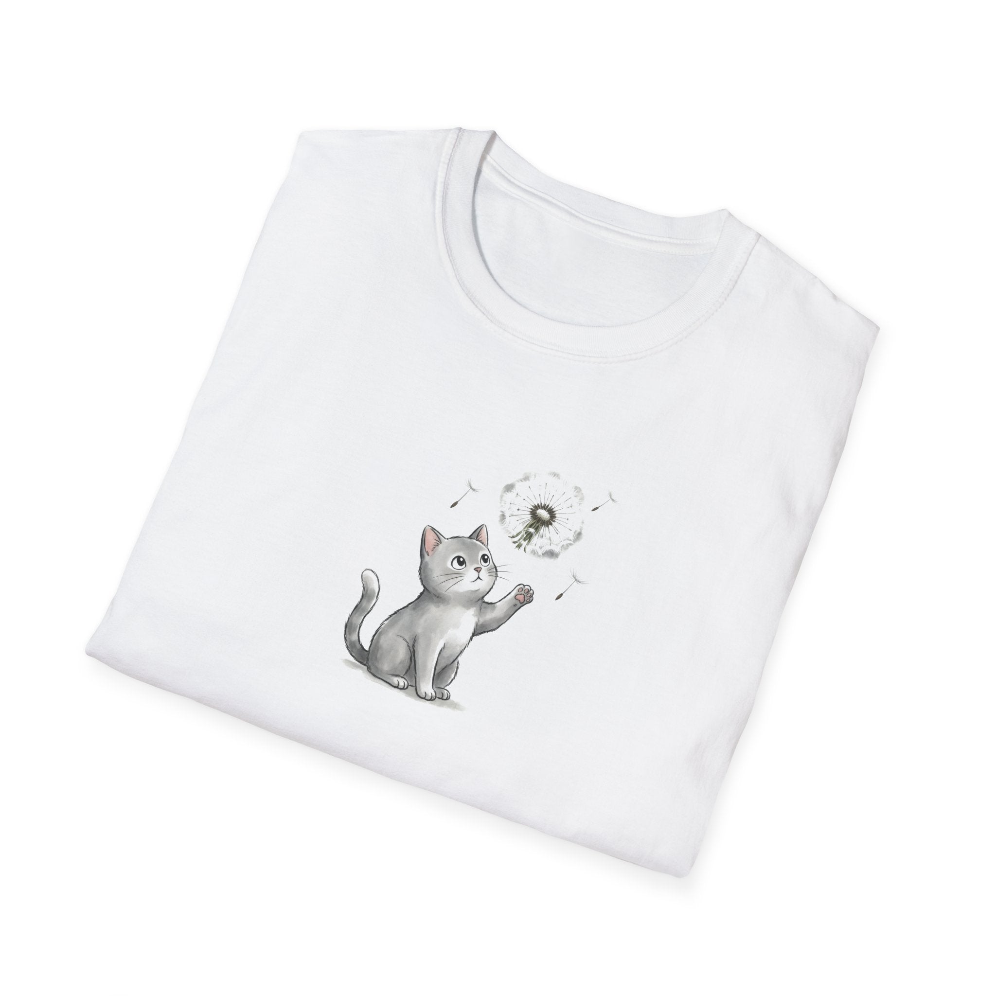 Whimsical Cat and Dandelion Unisex T-Shirt – Cute Kitten Graphic Tee