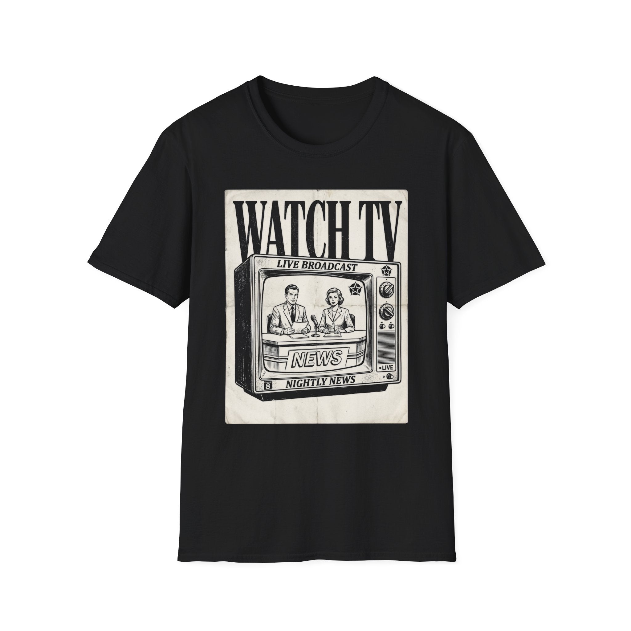 Vintage "WATCH TV" News Graphic T-Shirt - Retro Broadcast Nostalgia Tee