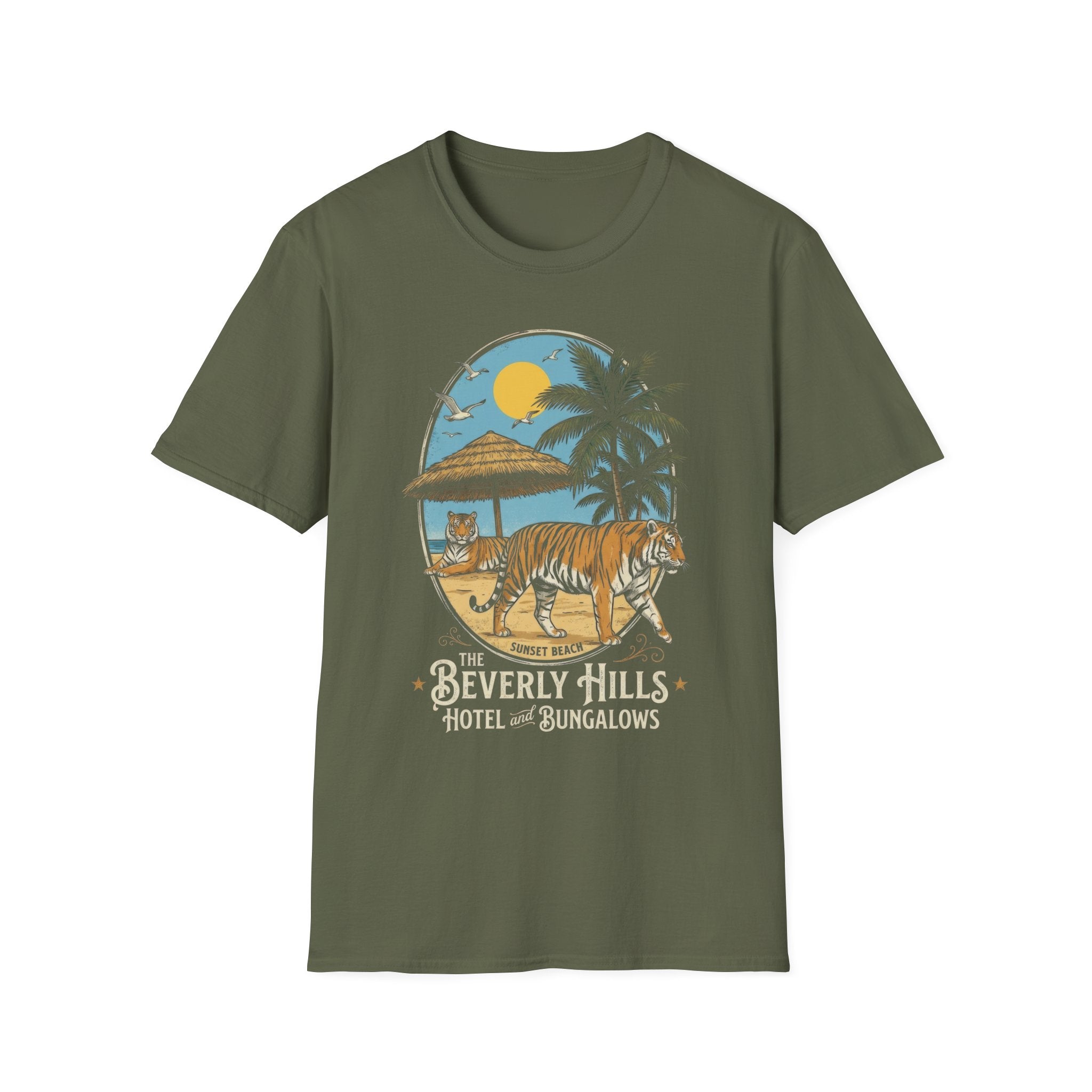 Vintage Sunset Beach Tiger Graphic T-Shirt - Beverly Hills Hotel Style