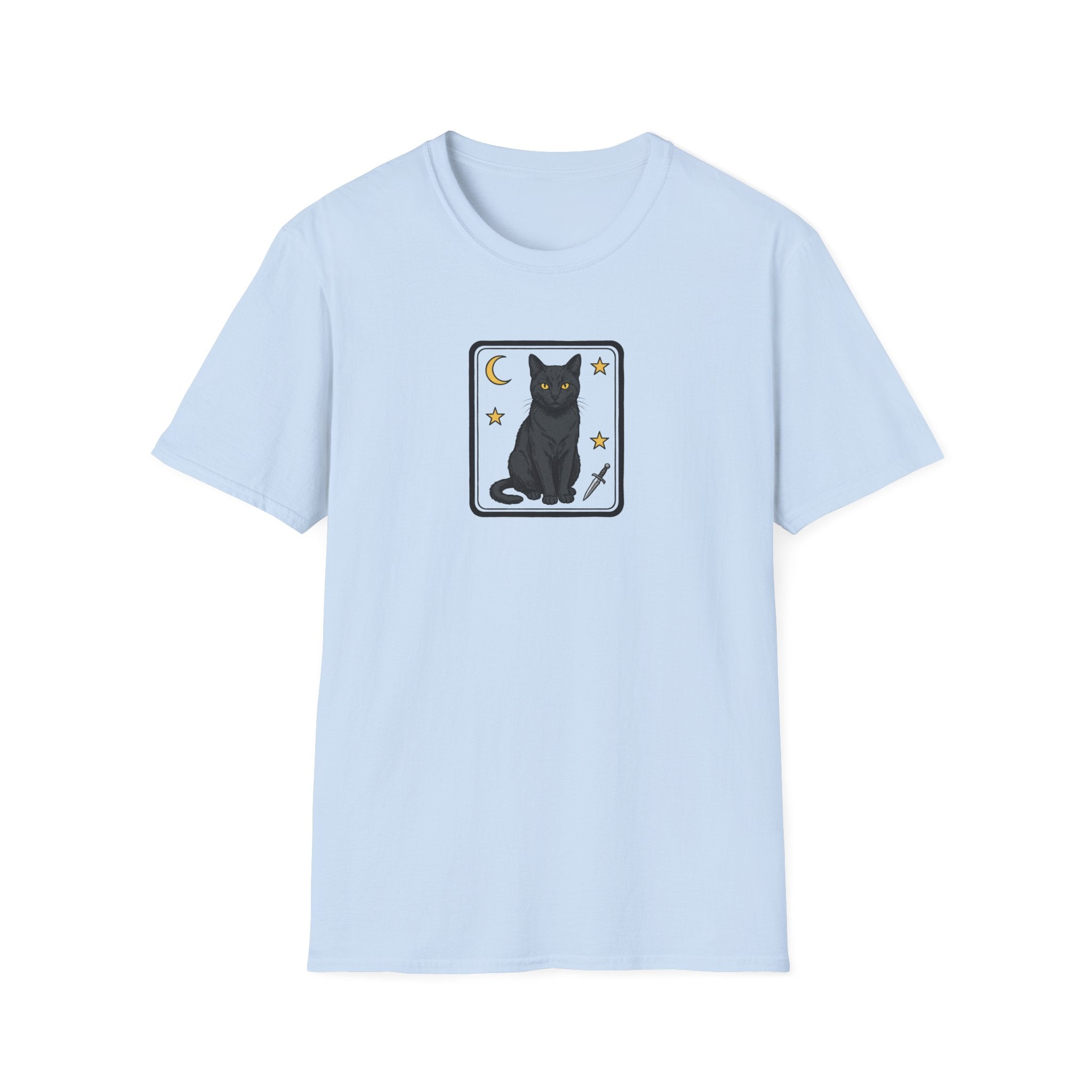 Mystical Black Cat Tarot Card Unisex T-Shirt | Gothic Moon and Dagger Graphic Tee