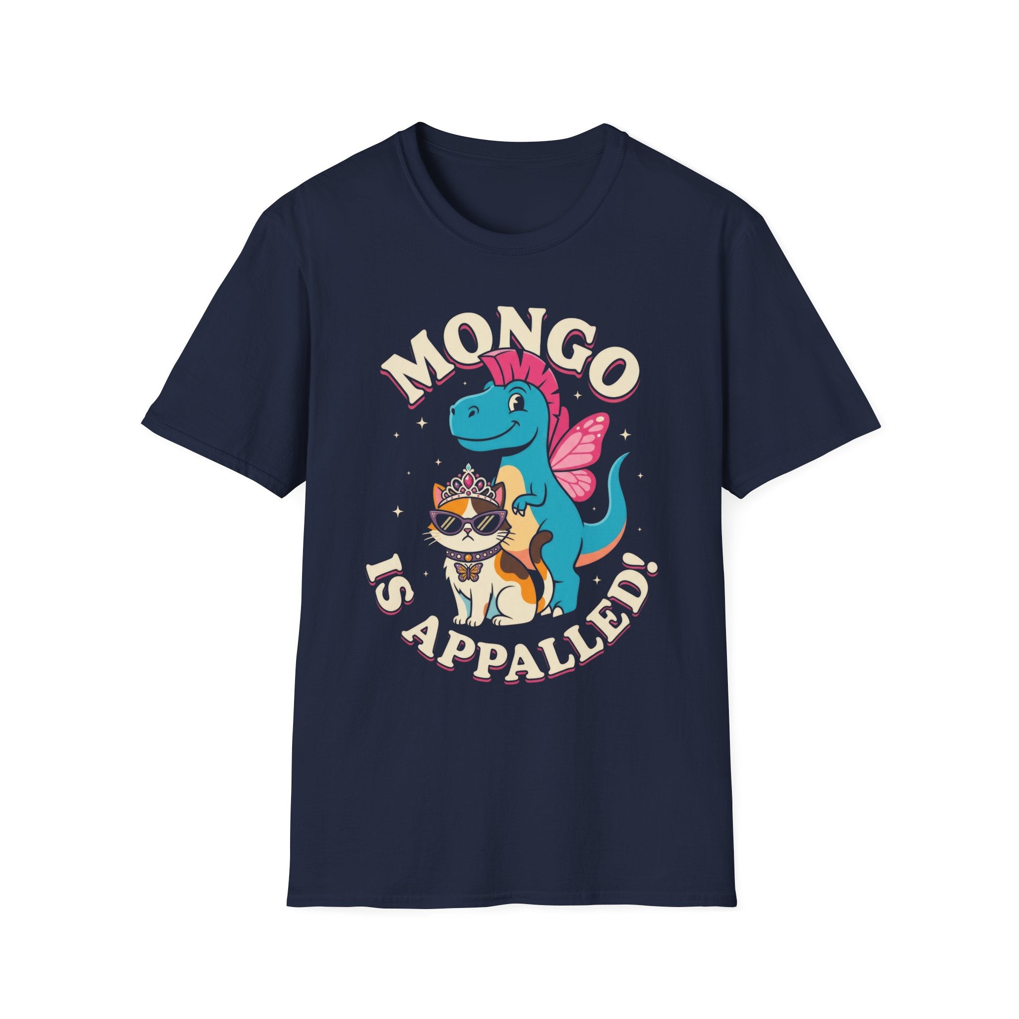 Mongo is Appalled Funny Graphic T-Shirt - Cute Dinosaur and Sassy Cat Tee