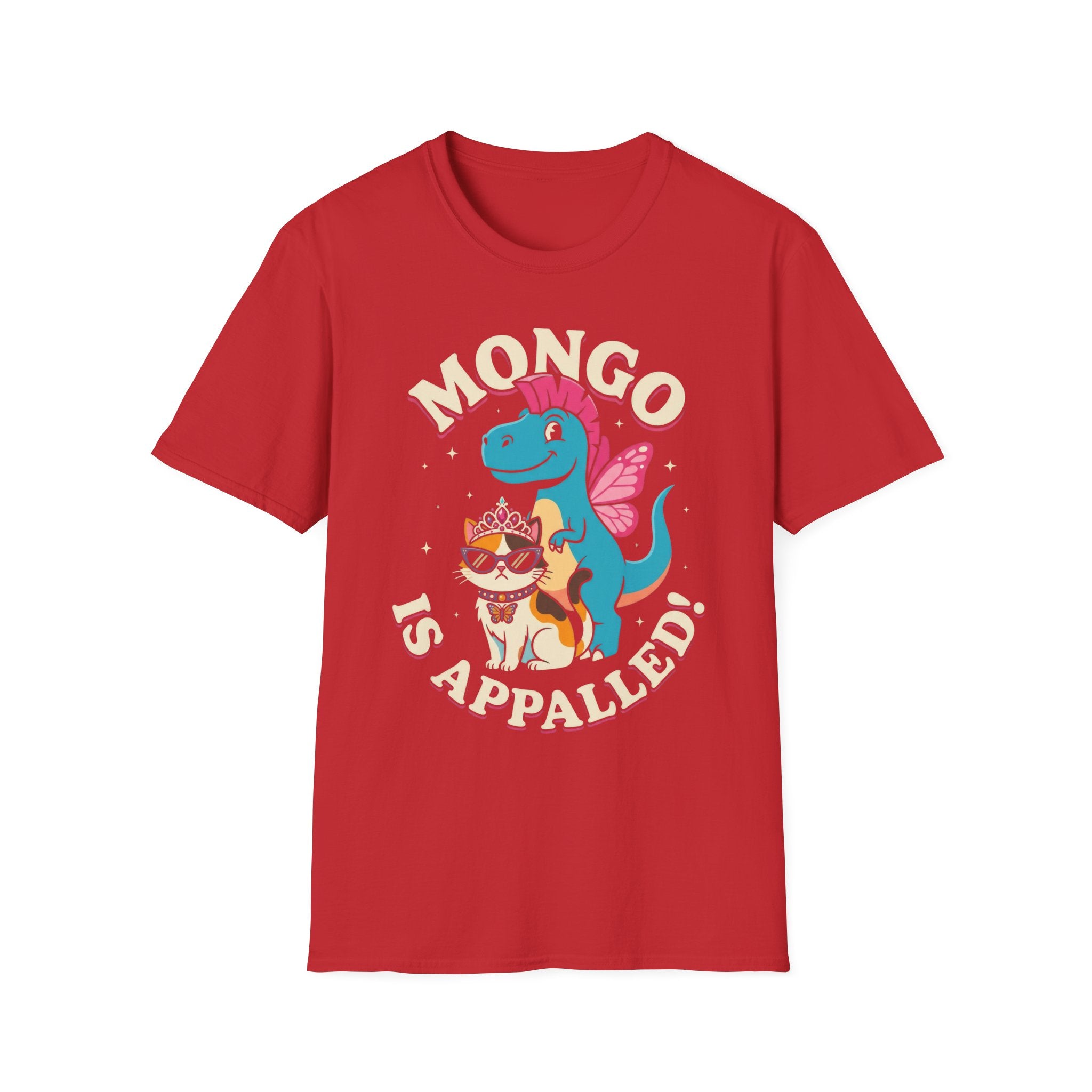 Mongo is Appalled Funny Graphic T-Shirt - Cute Dinosaur and Sassy Cat Tee