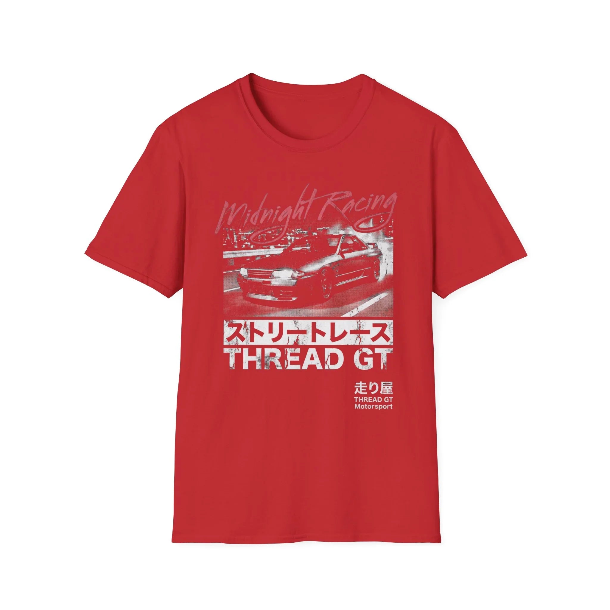 Red t-shirt with Midnight Racing graphic, street race car design, and Japanese text for motorsport fans