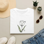 Minimalist White Tulip and Bee Unisex T-Shirt - Vintage Botanical Flower Graphic Tee