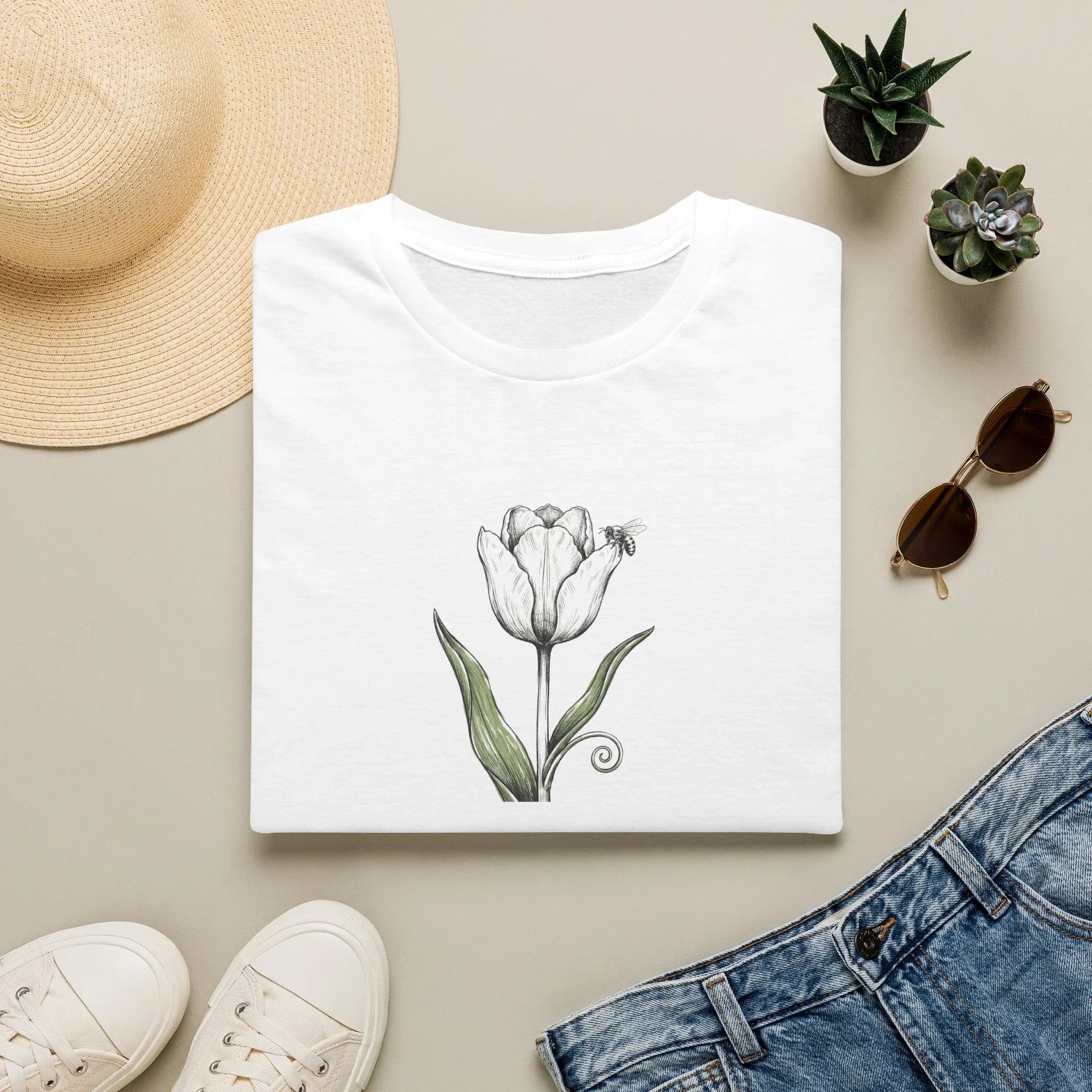 Minimalist White Tulip and Bee Unisex T-Shirt - Vintage Botanical Flower Graphic Tee