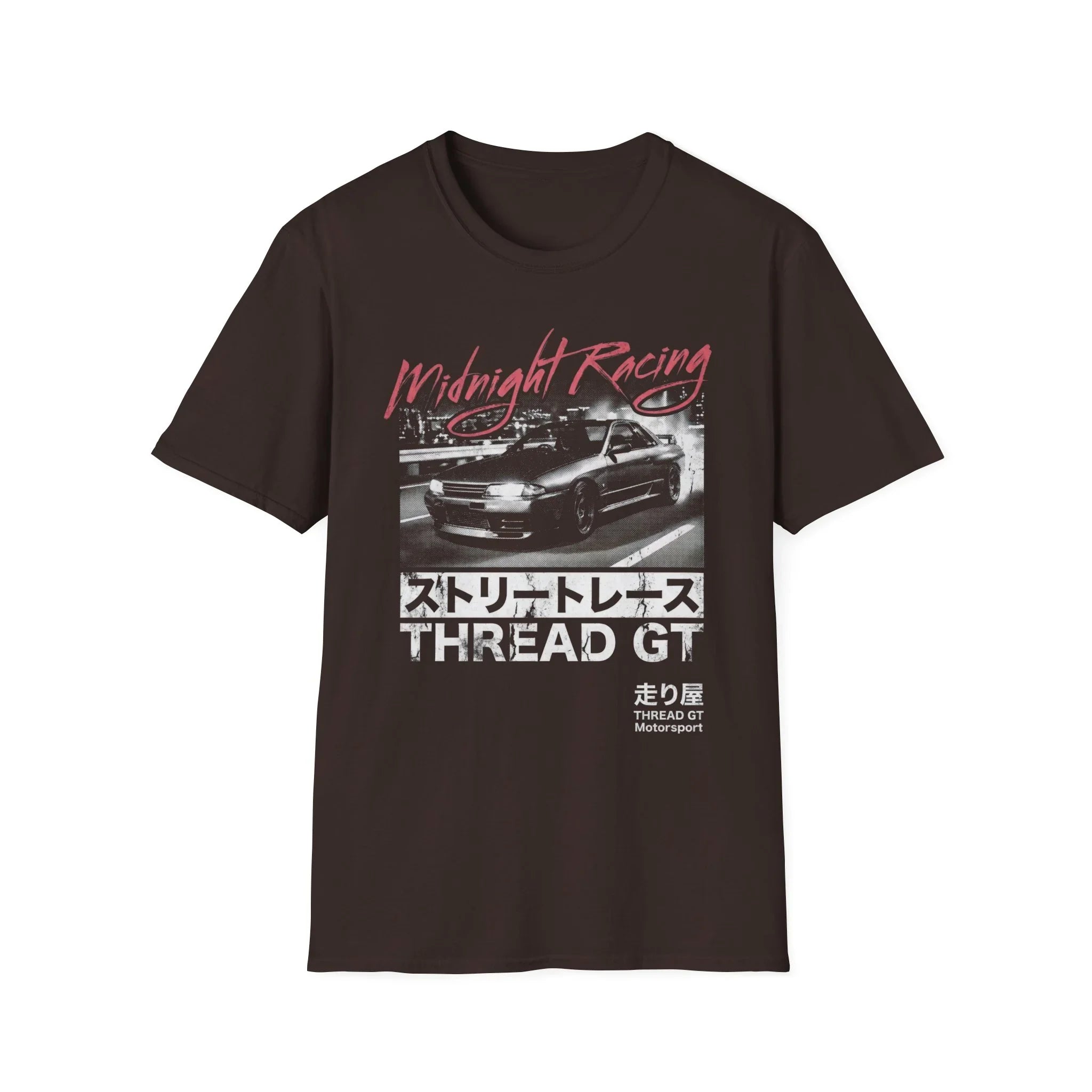 Midnight Racing street race t-shirt with Japanese text and GT car graphic, motorsport apparel