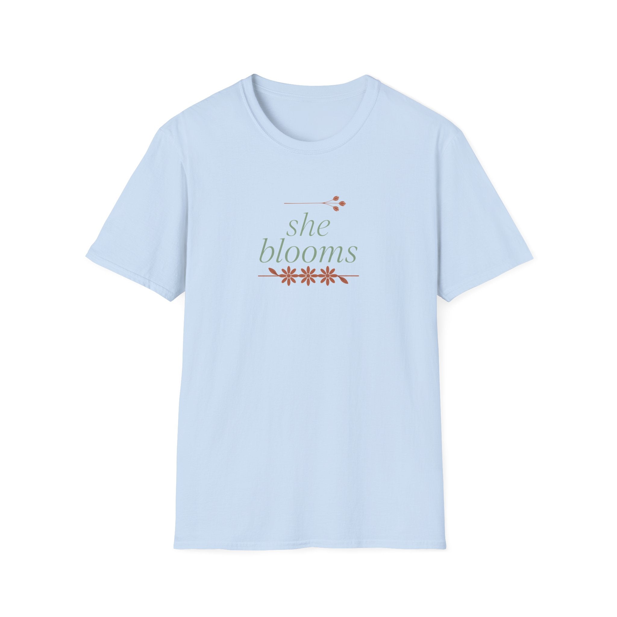 "She Blooms" Unisex T-Shirt – Inspirational Floral Botanical Tee