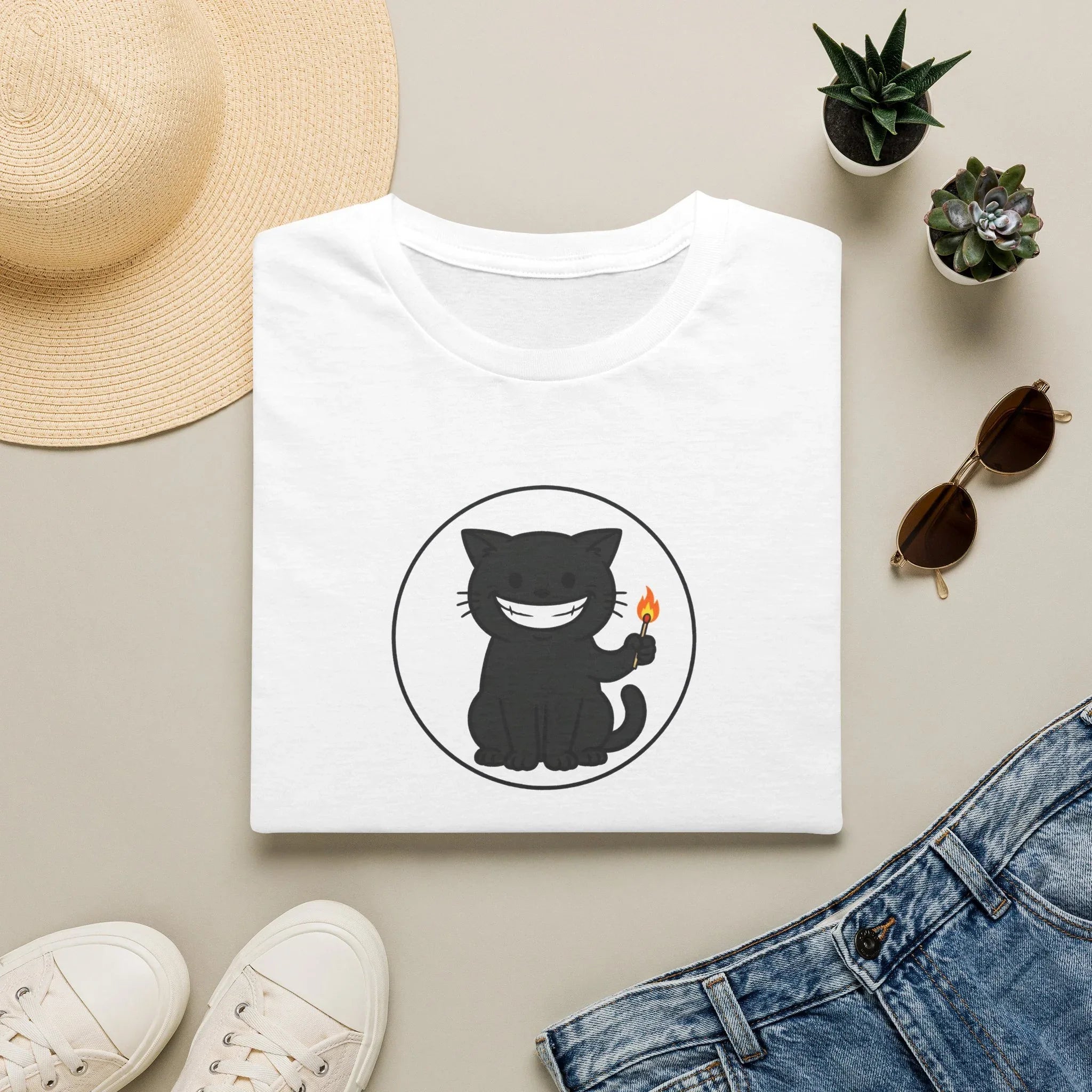 Mischievous Black Cat Holding Match T-Shirt - Funny Arson Cat White Tee