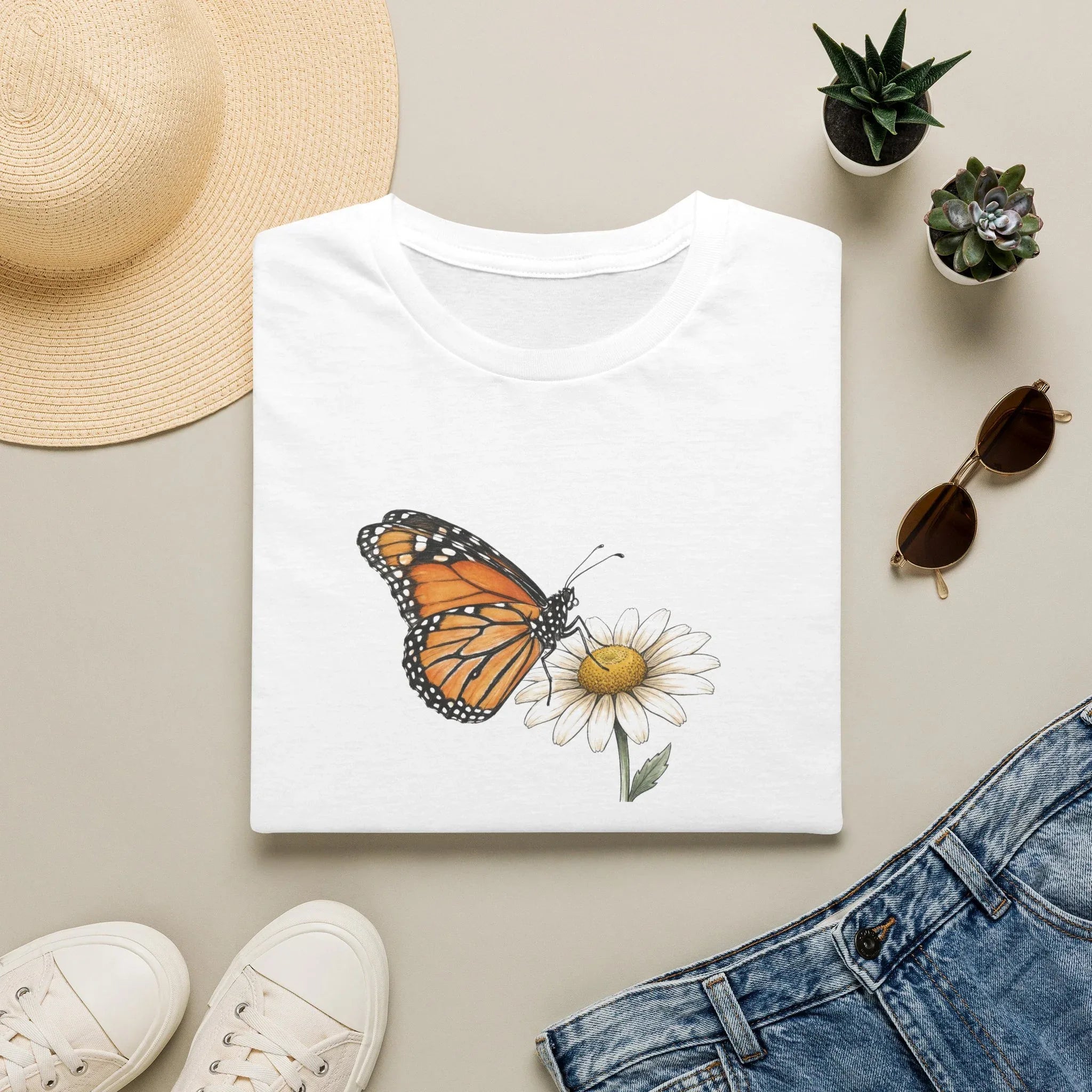 Minimalist Monarch Butterfly and Daisy Unisex T-Shirt - Vintage Botanical Flower Graphic Tee