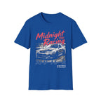Blue t-shirt with Midnight Racing graphic, featuring a sports car and Japanese text for street racing fans.