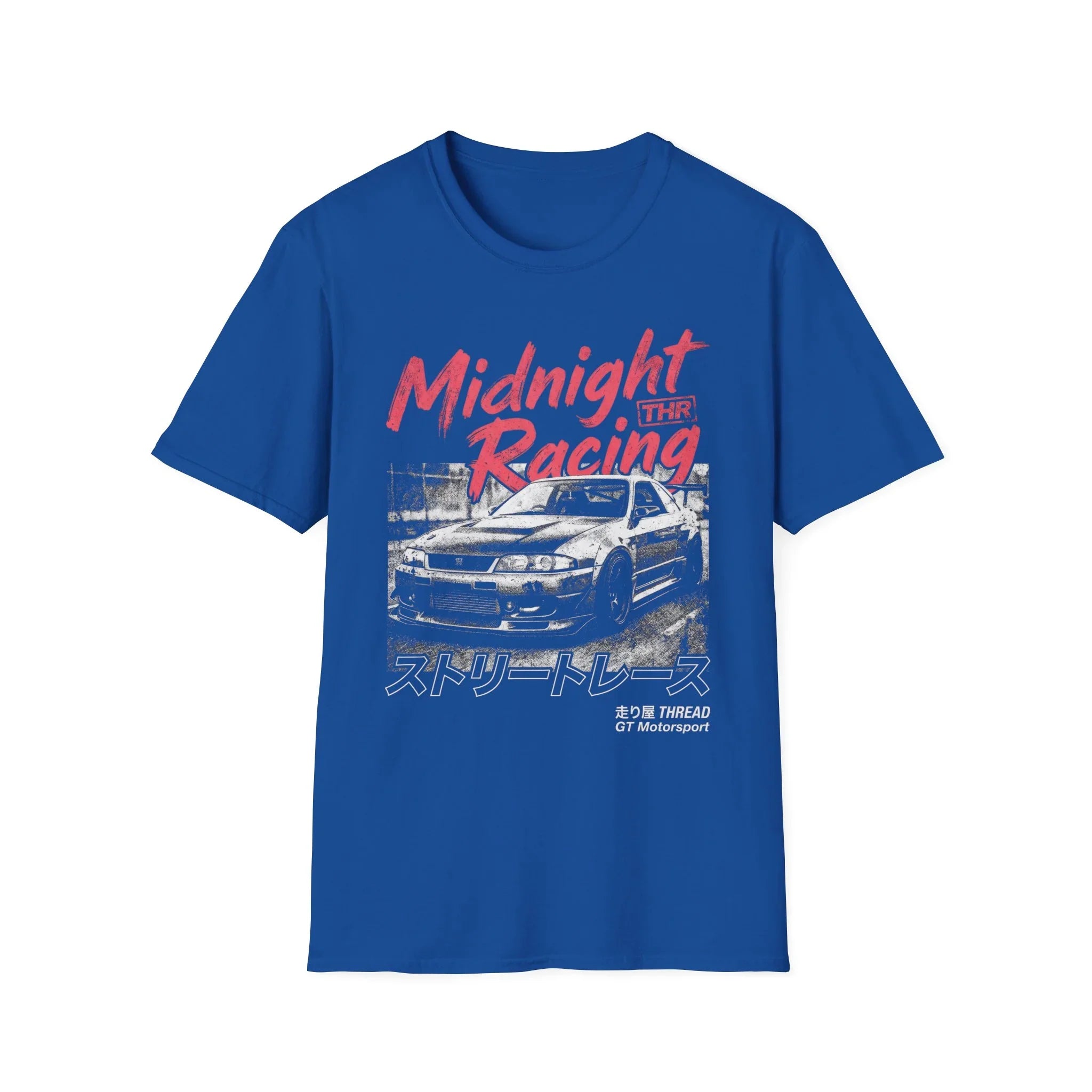 Blue t-shirt with Midnight Racing graphic, featuring a sports car and Japanese text for street racing fans.