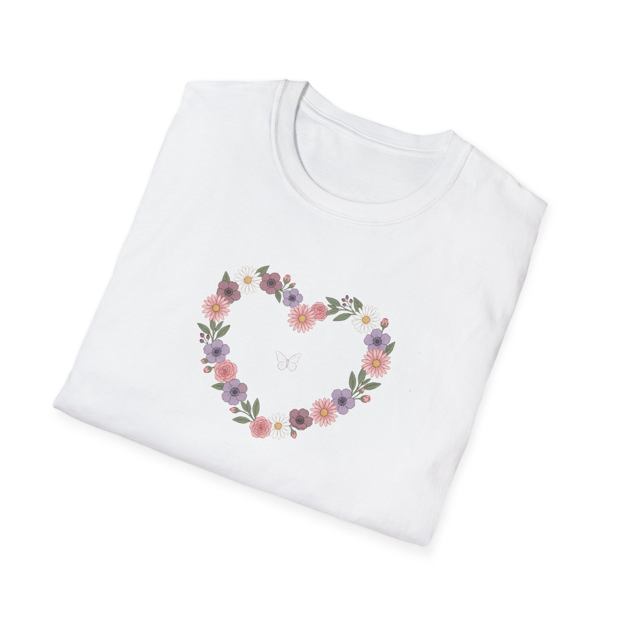 Floral Heart Wreath Graphic T-Shirt | Pastel Cottagecore Butterfly Unisex Tee
