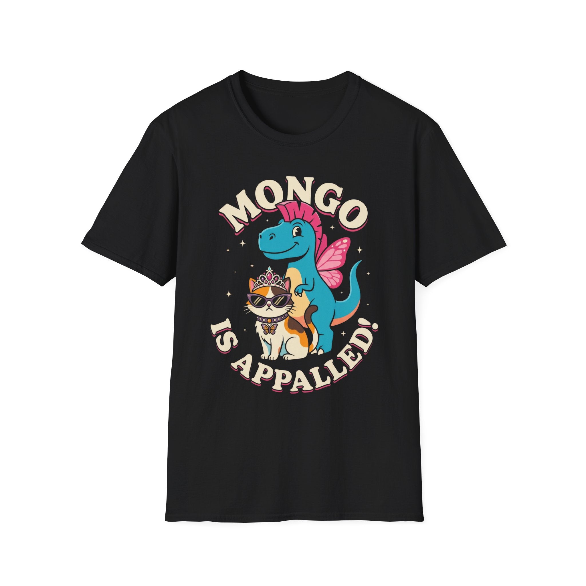 Mongo is Appalled Funny Graphic T-Shirt - Cute Dinosaur and Sassy Cat Tee