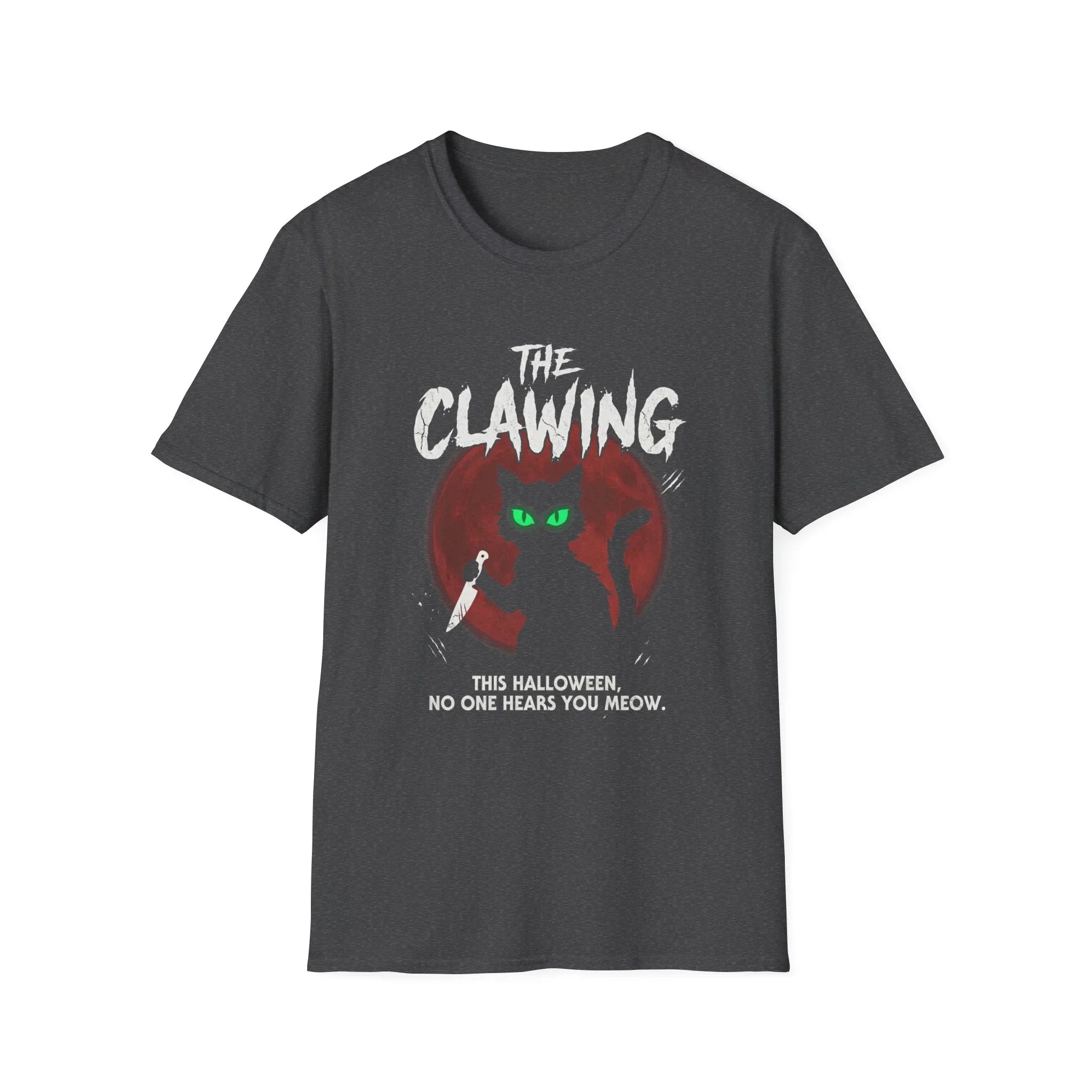 Halloween cat t-shirt with green eyes and 'The Clawing' text for spooky season fun