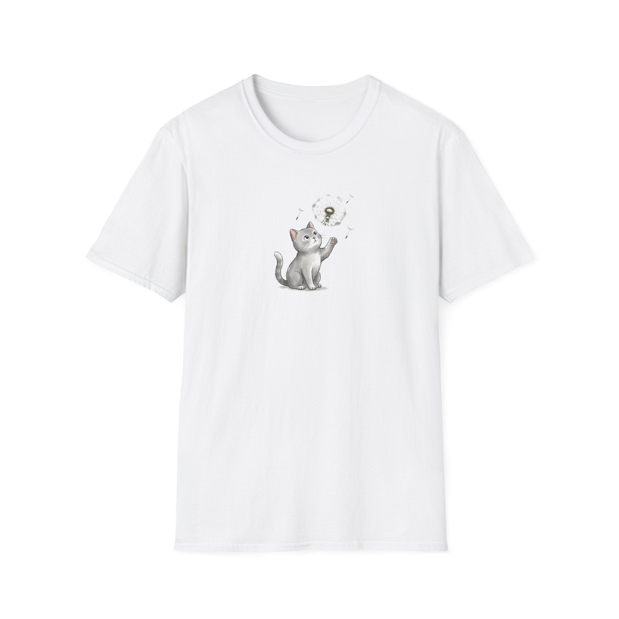 Whimsical Cat and Dandelion Unisex T-Shirt – Cute Kitten Graphic Tee