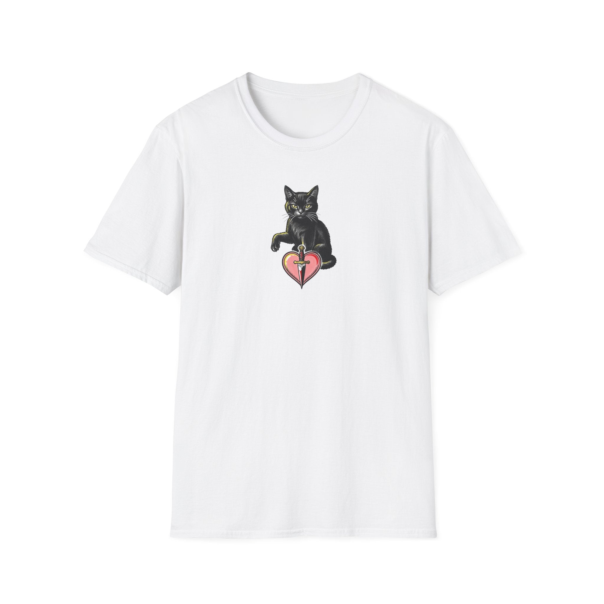 Vintage Tattoo Black Cat Unisex T-Shirt | Edgy Dagger and Heart Graphic Tee