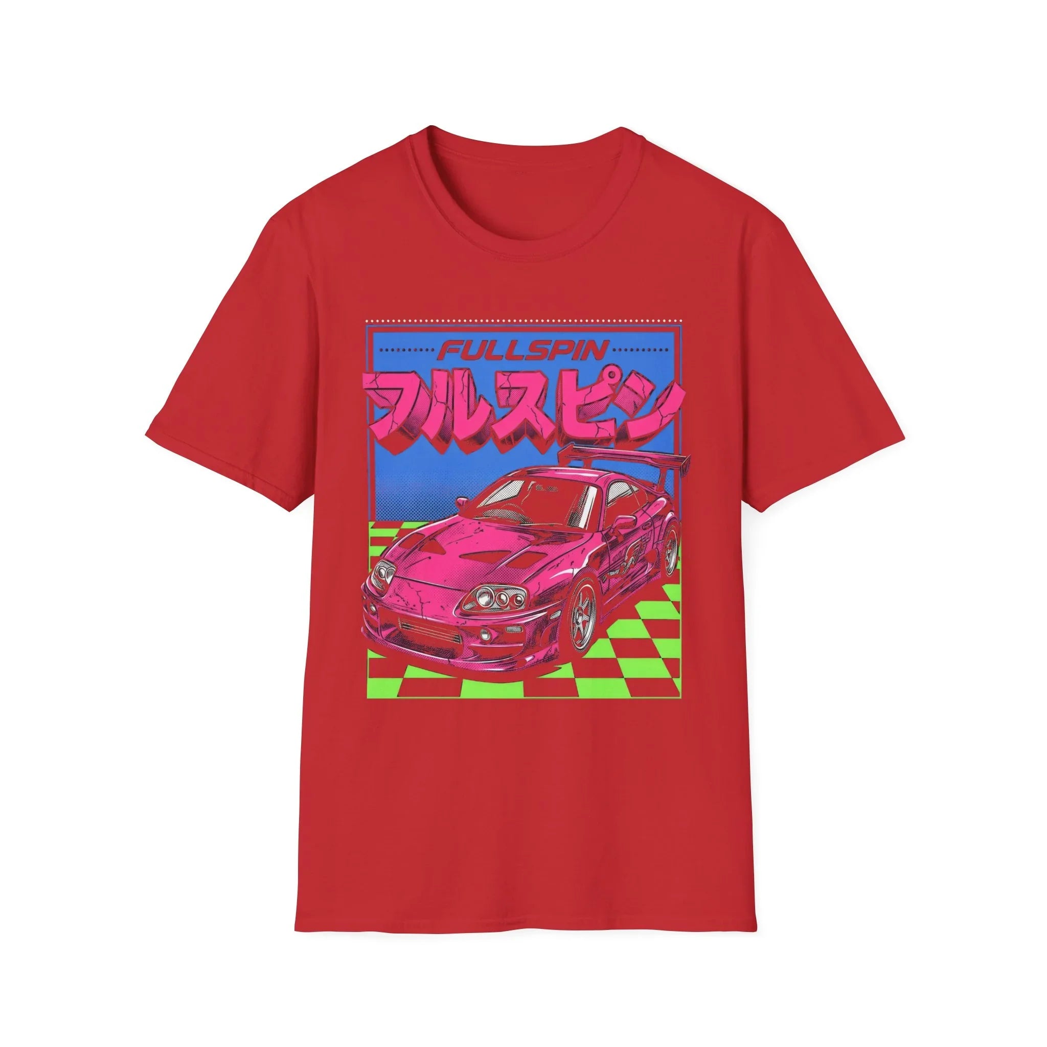 Red t-shirt with vibrant pink sports car graphic, 'FULLSPIN' text, and retro checkered design.