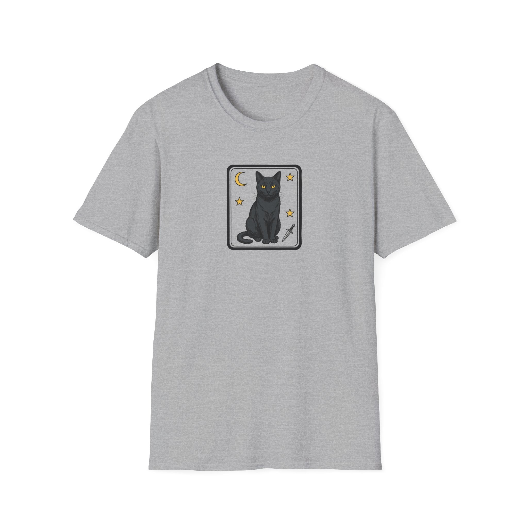Mystical Black Cat Tarot Card Unisex T-Shirt | Gothic Moon and Dagger Graphic Tee